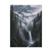 Fog-Filled Conifer Valley & Waterfall Wall Art & Canvas Print