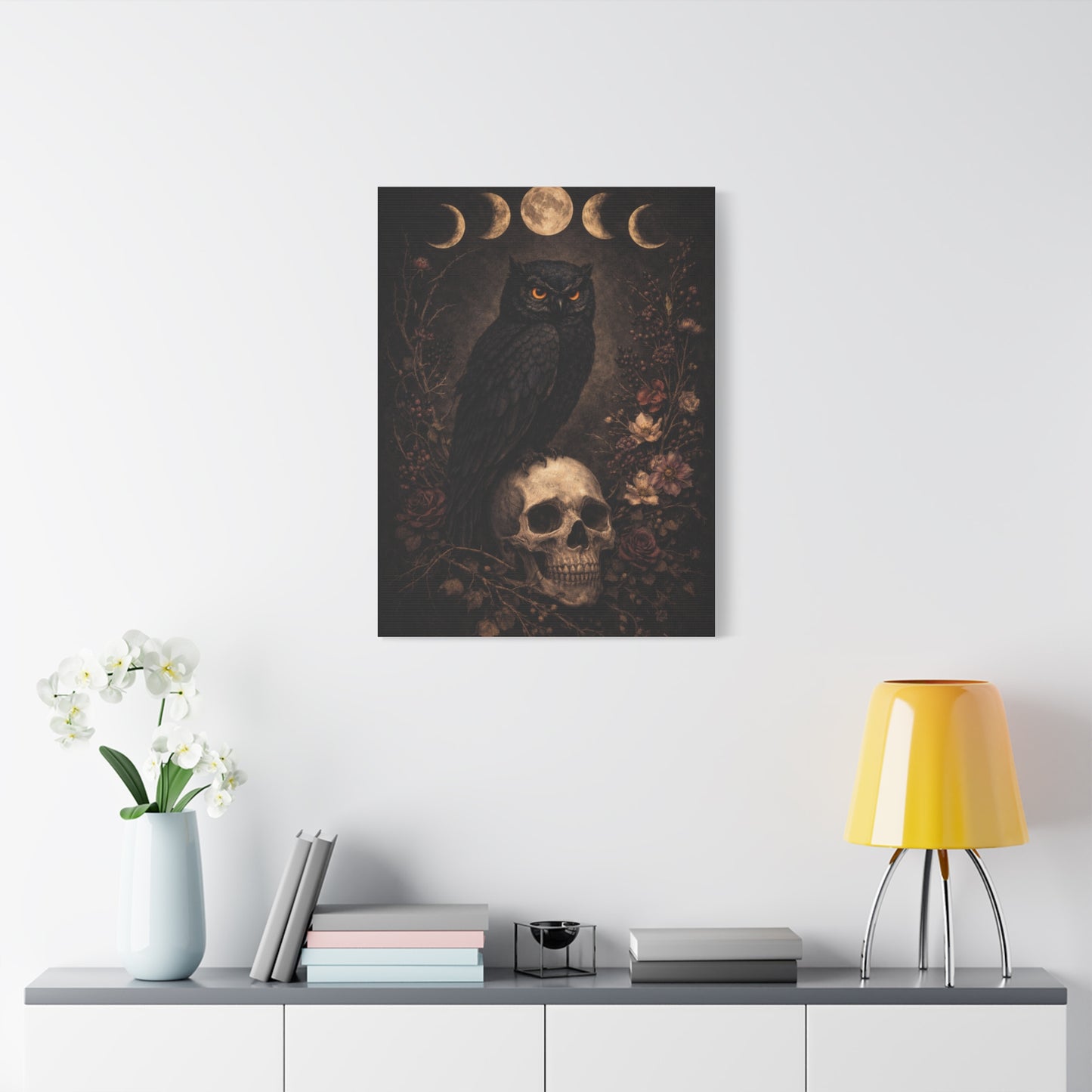 Gothic Moon Phase Owl Skull Wall Art & Canvas Print