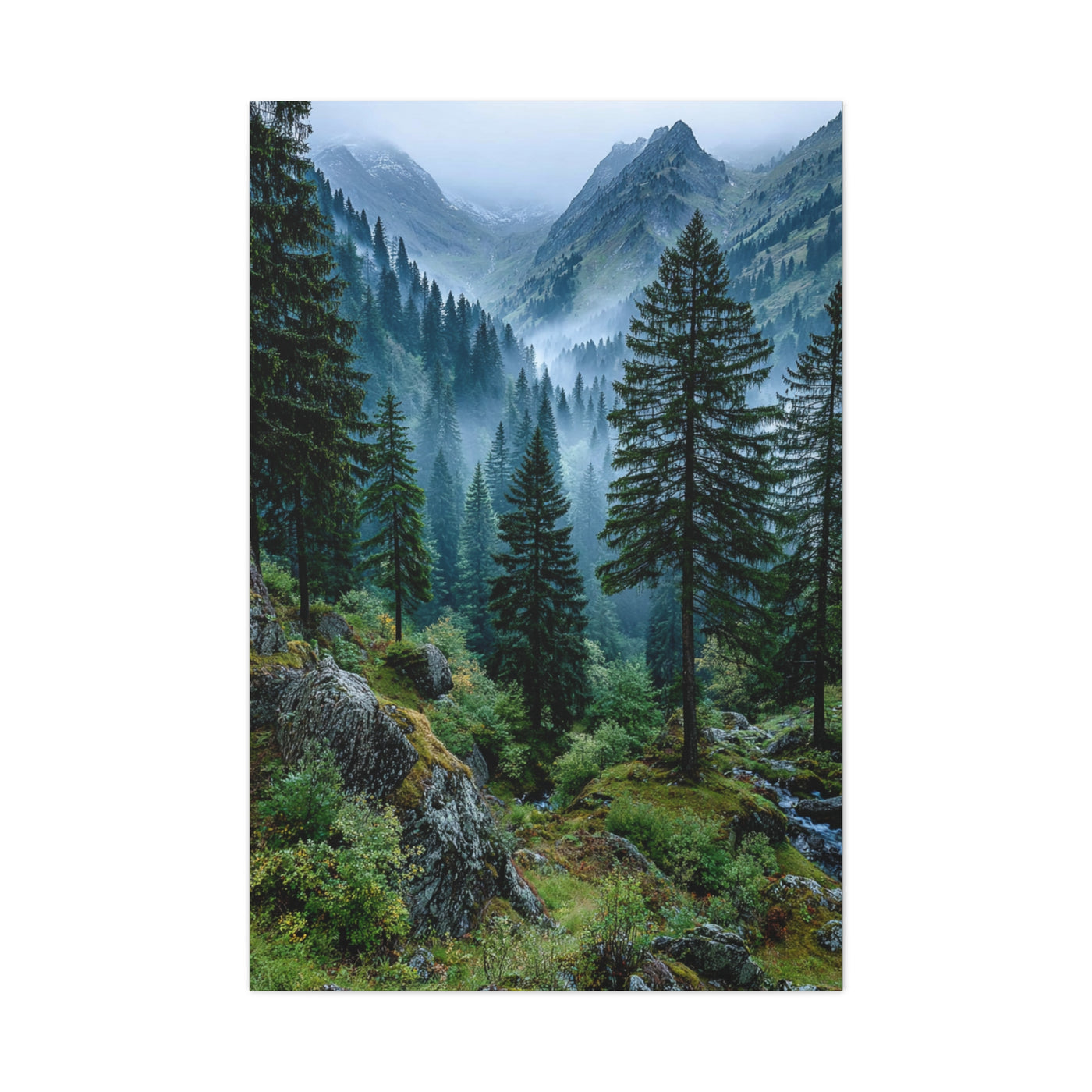 Misty Pine Green Mountain Landscape Wall Art & Canvas Print