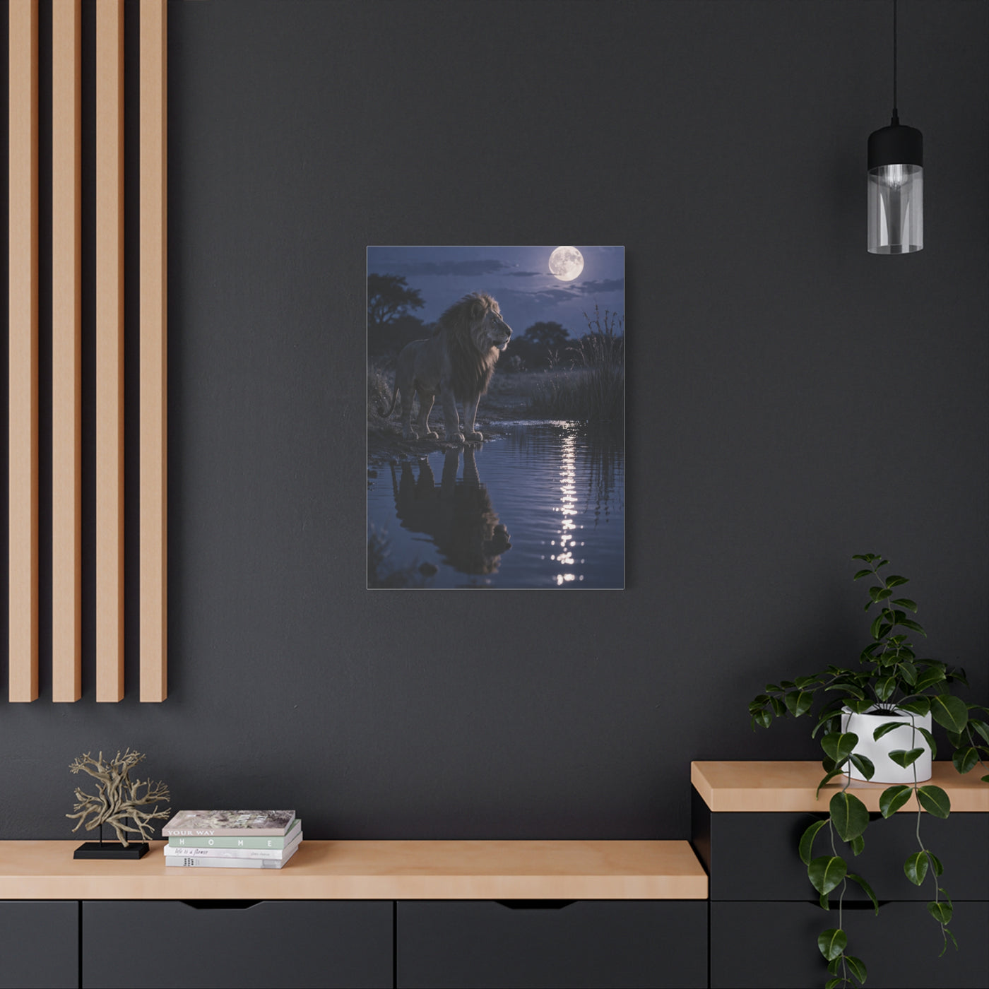 Lion by Moonlit Water Reflection Wall Art & Canvas Print