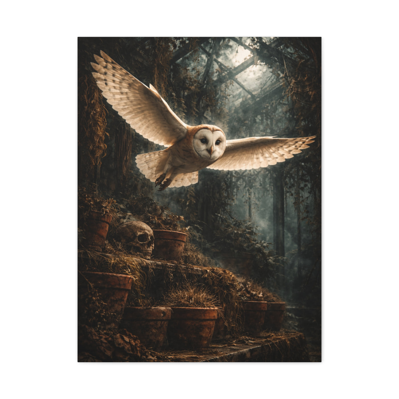 Gothic Greenhouse Flying Barn Owl Wall Art & Canvas Print