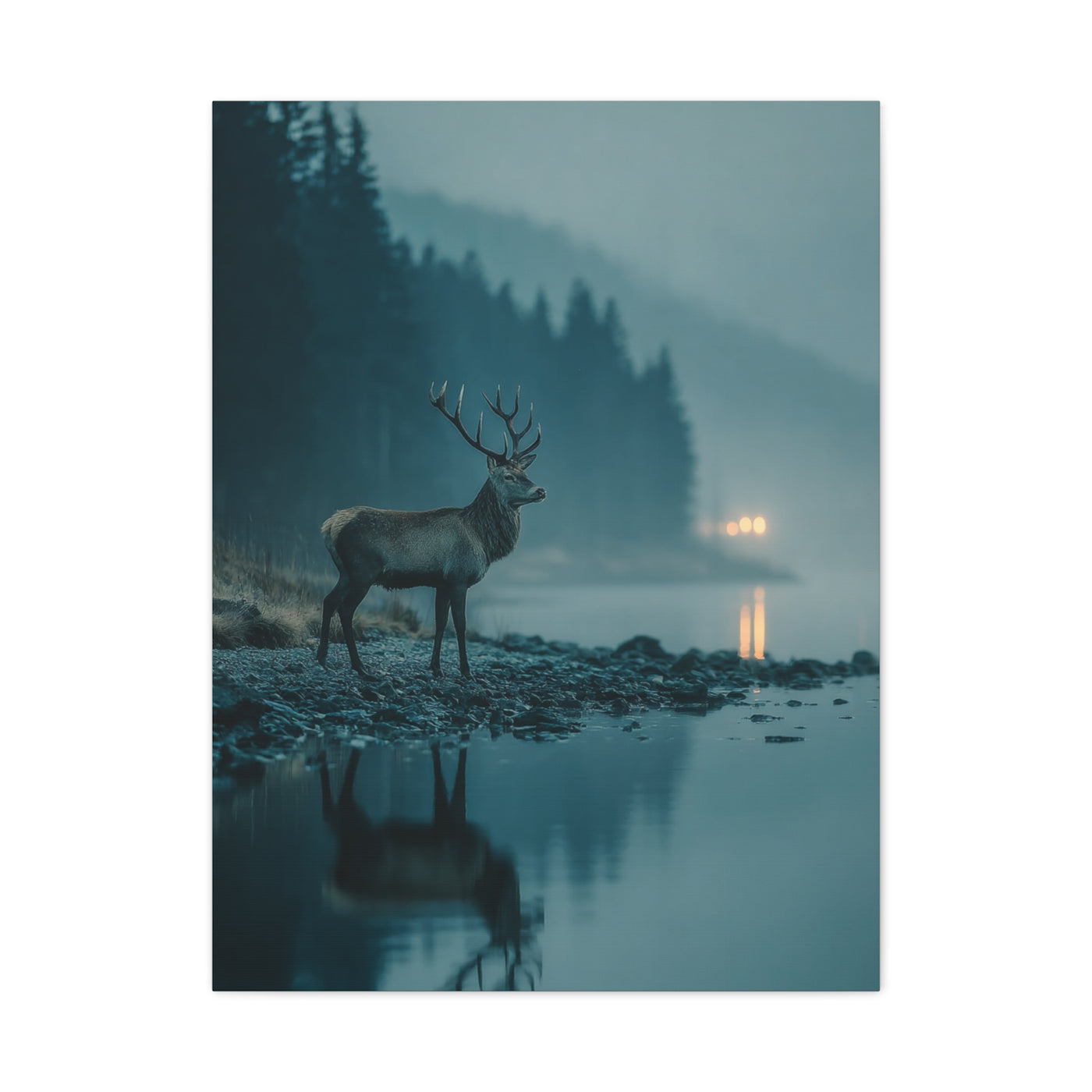 Blue Hour Lakeside Stag Reflection Wall Art & Canvas Print