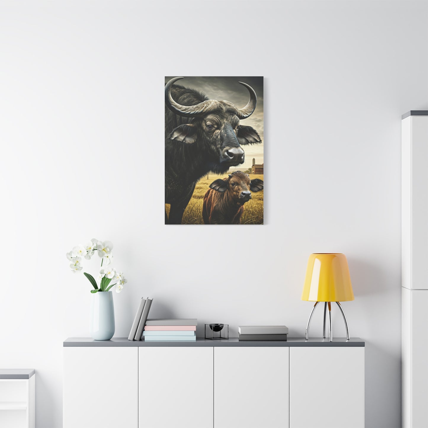 Cape Buffalo Herd Leader with Savannah Background Wall Art & Canvas Print