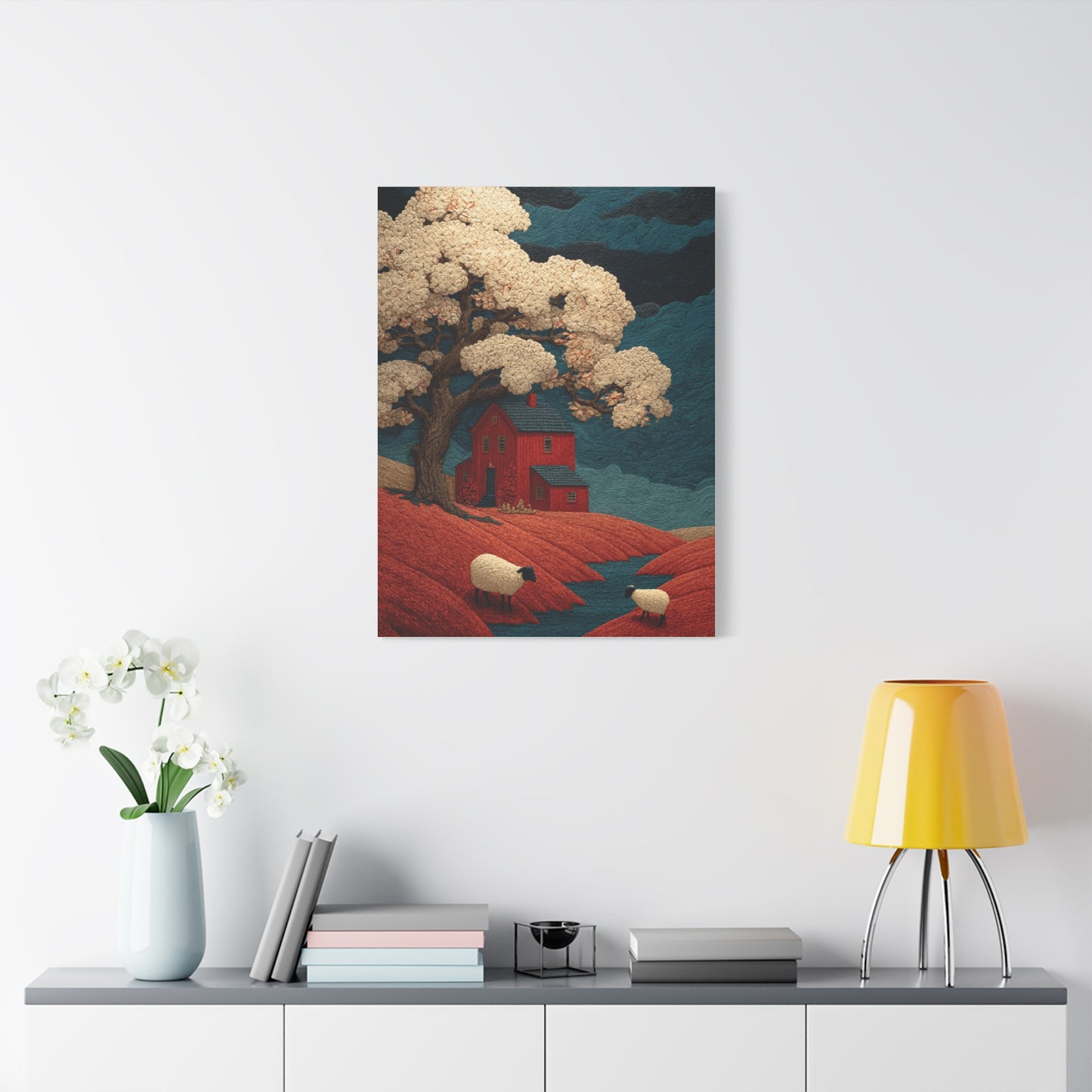 Primitive Farmhouse Sheep Folk Scene Wall Art & Canvas Print