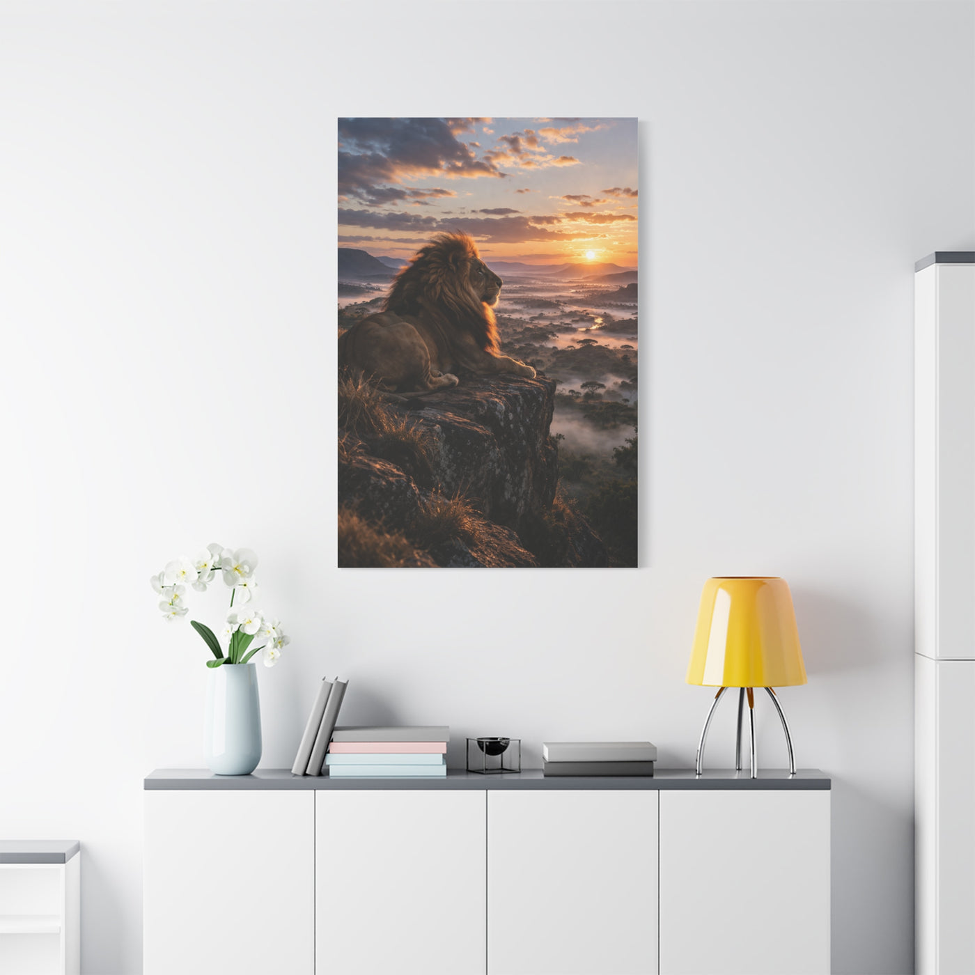 Lion at Sunrise Over Savannah Valley Wall Art & Canvas Print
