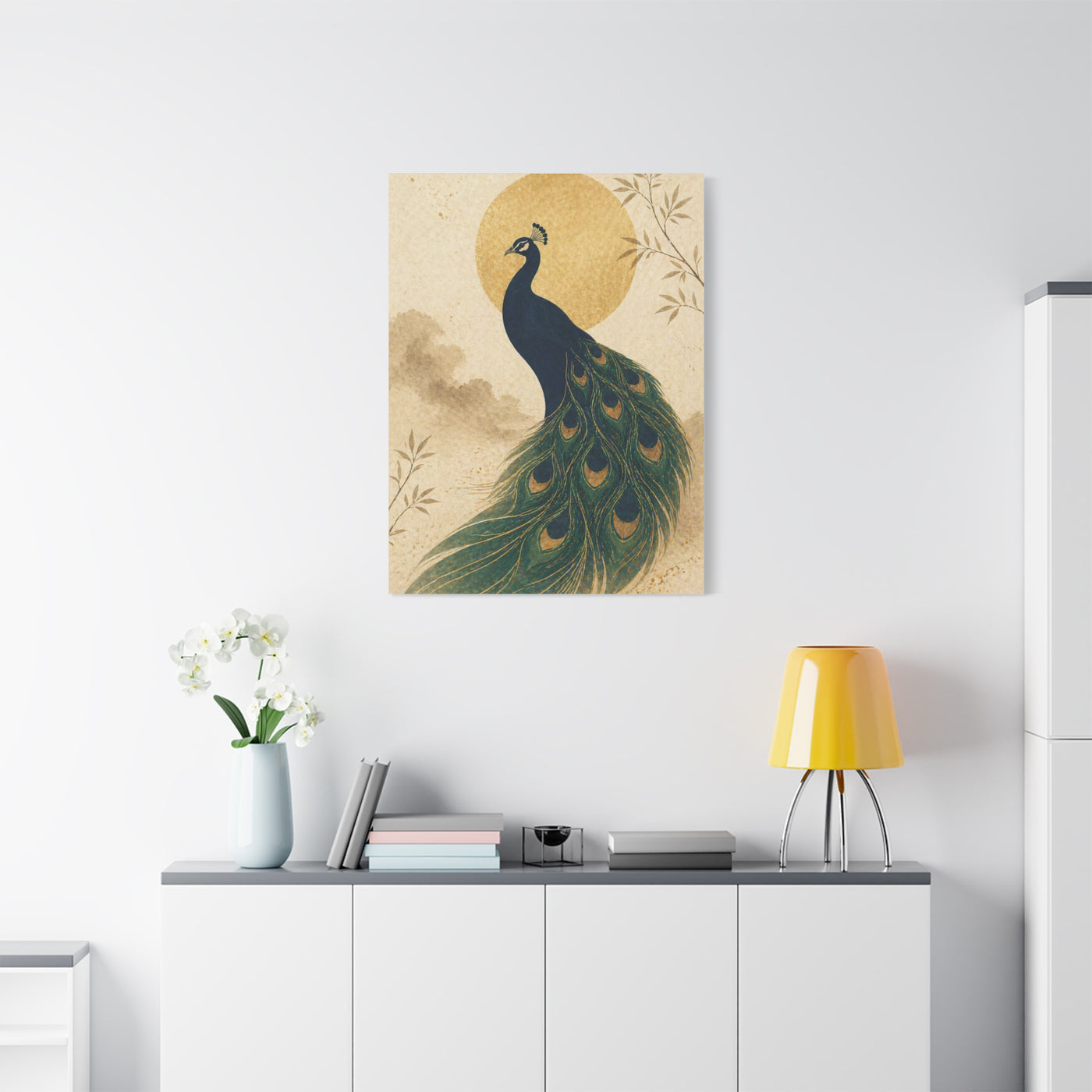 Japandi Moon Peacock Minimal Wall Art & Canvas Print