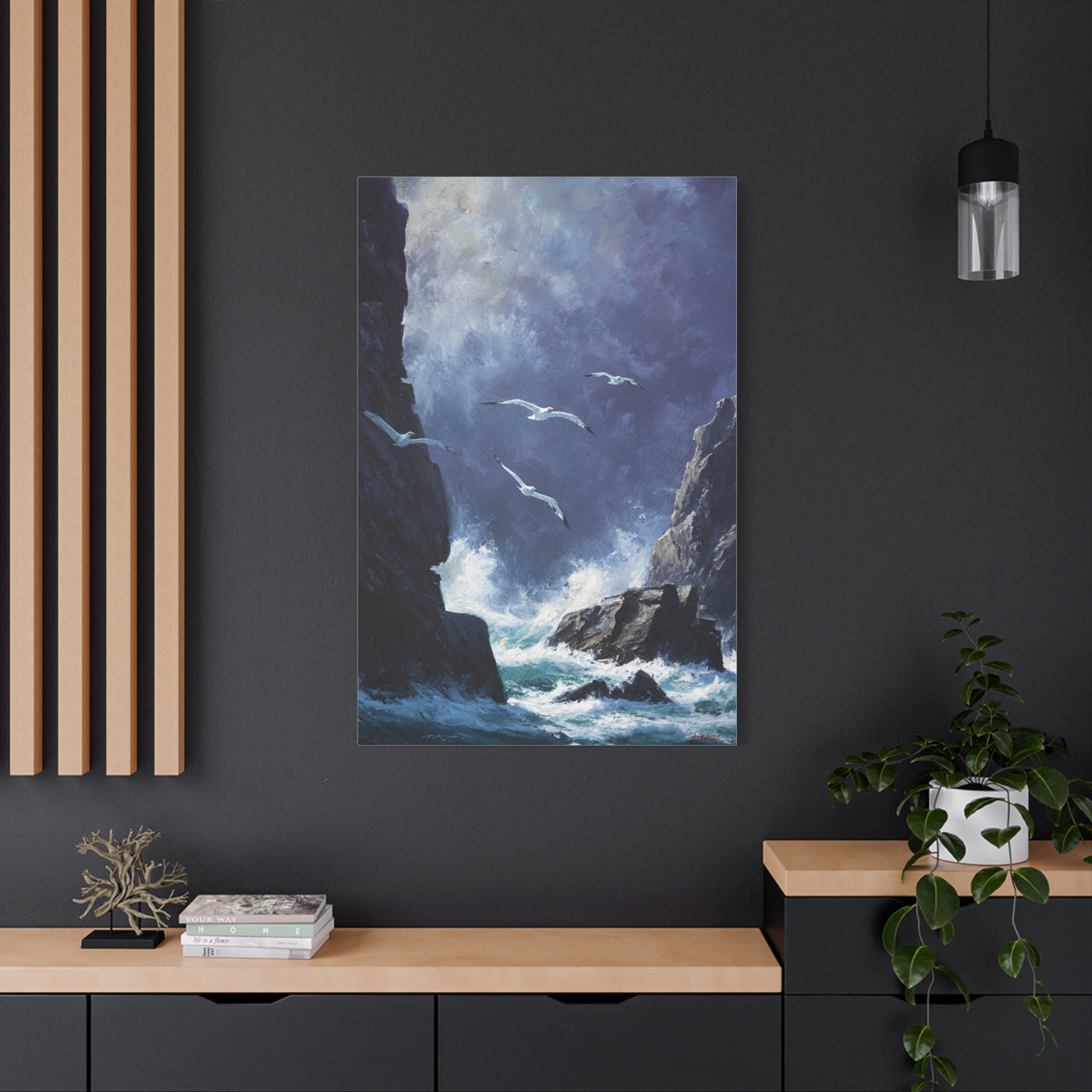 Seagulls Flying Above Crashing Coastal Waves Wall Art & Canvas Print