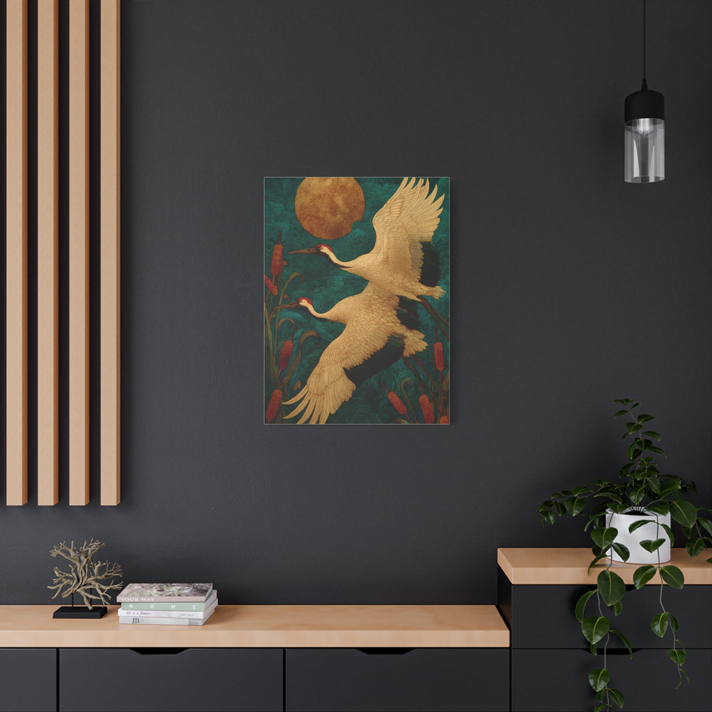 Golden Moon & Green Sky Crane Flight Wall Art & Canvas Print