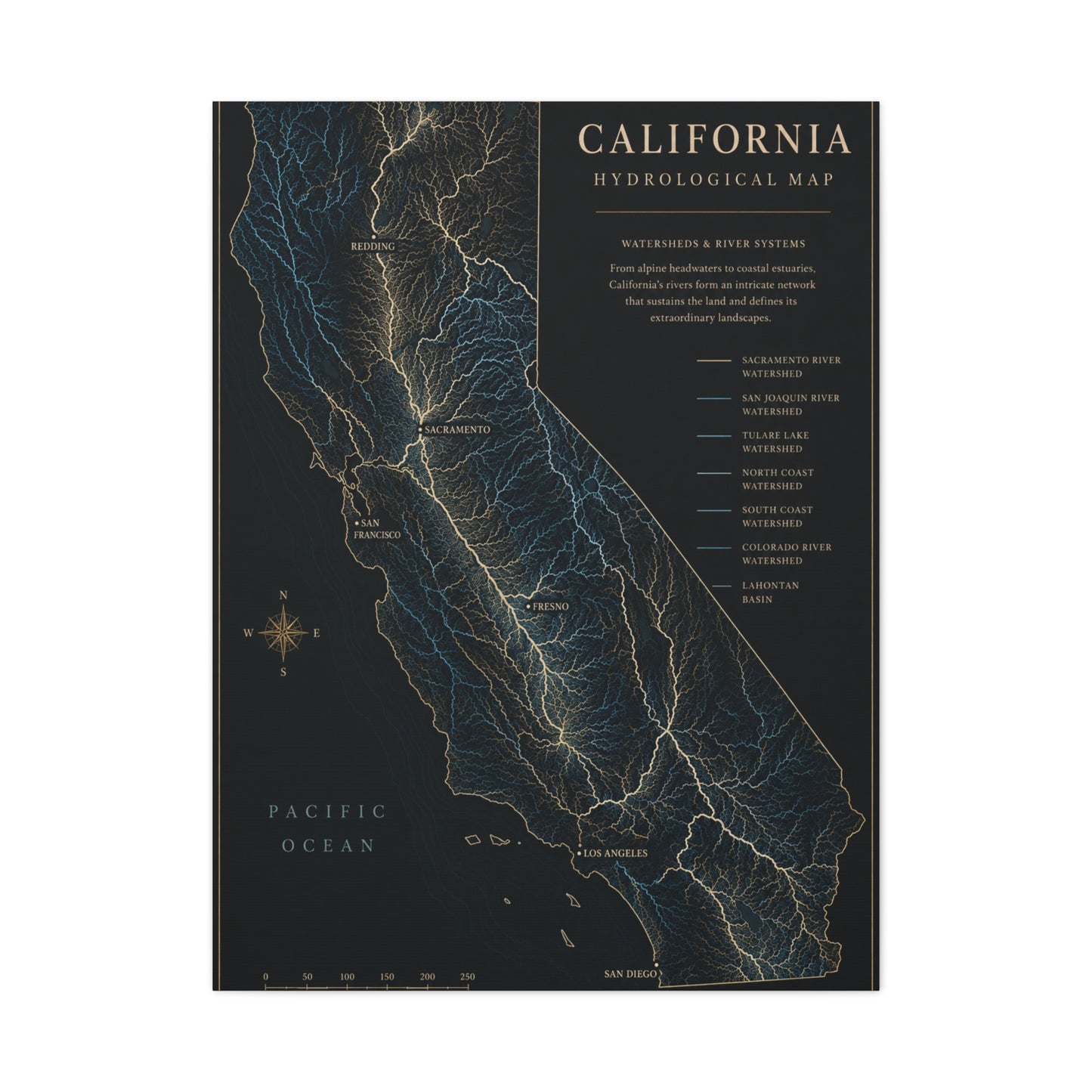 California Hydrological Map Wall Art & Canvas Print