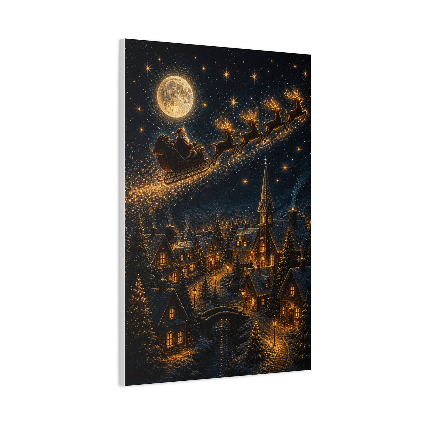 Moonlit Santa Sleigh Over Winter Village Wall Art & Canvas Print