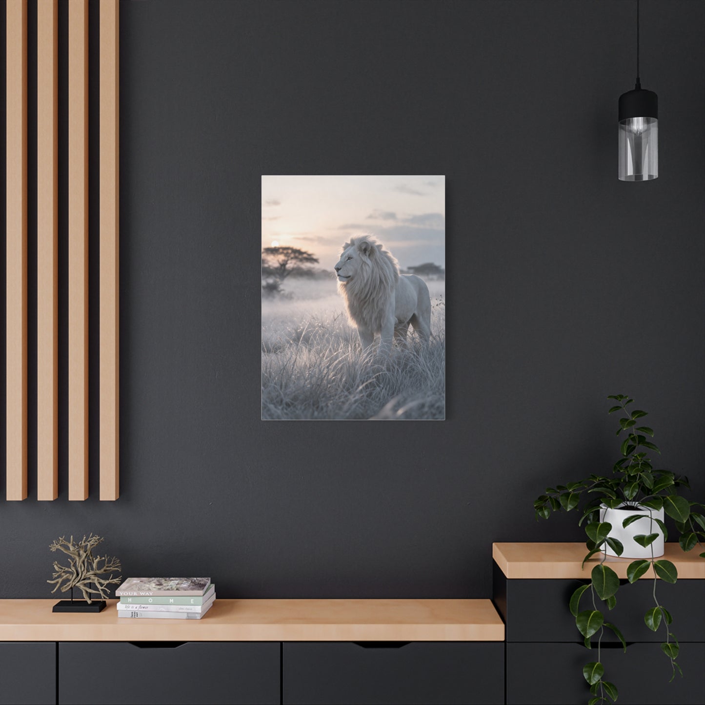 White Lion in Misty Savanna Dawn Wall Art & Canvas Print