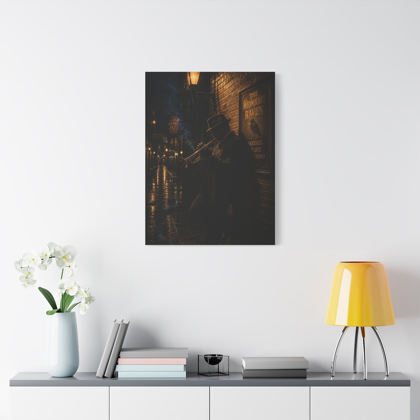 Midnight Jazz Alley Trumpeter Wall Art & Canvas Print