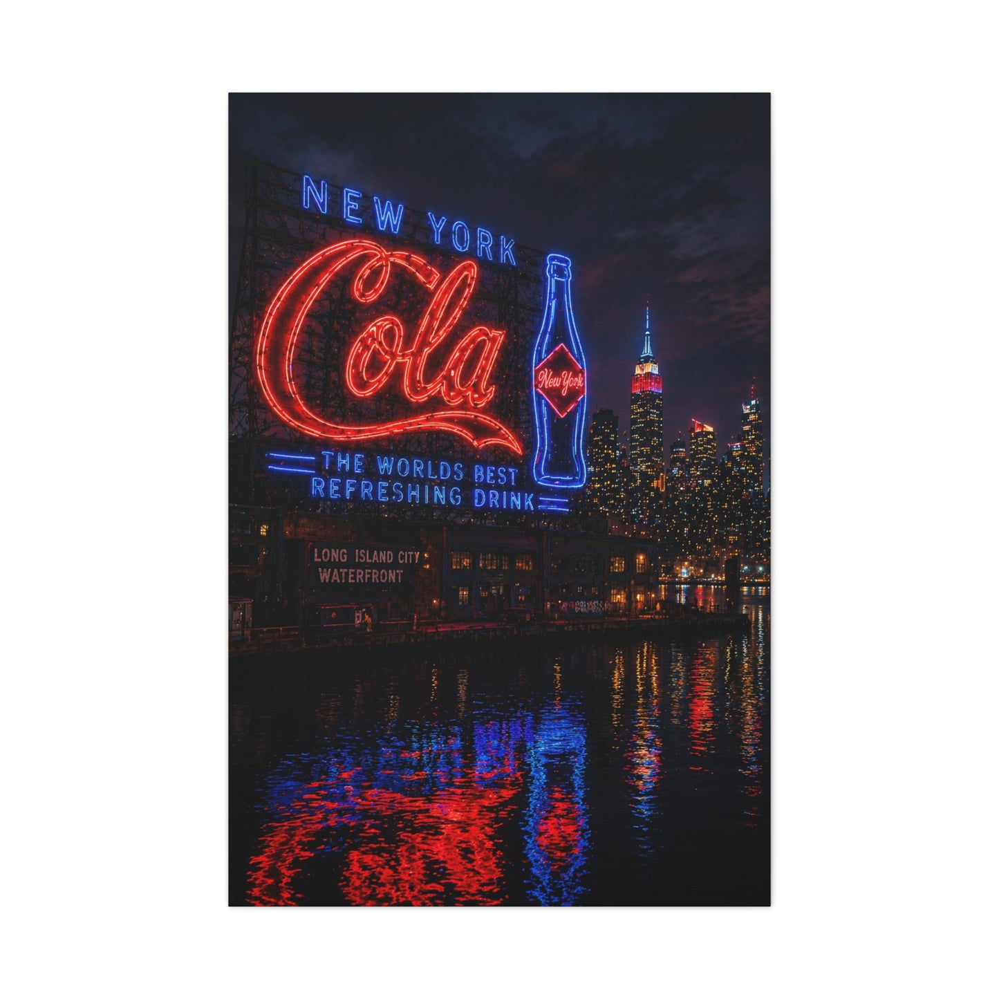 Neon Waterfront Skyline Cola Sign Wall Art & Canvas Print