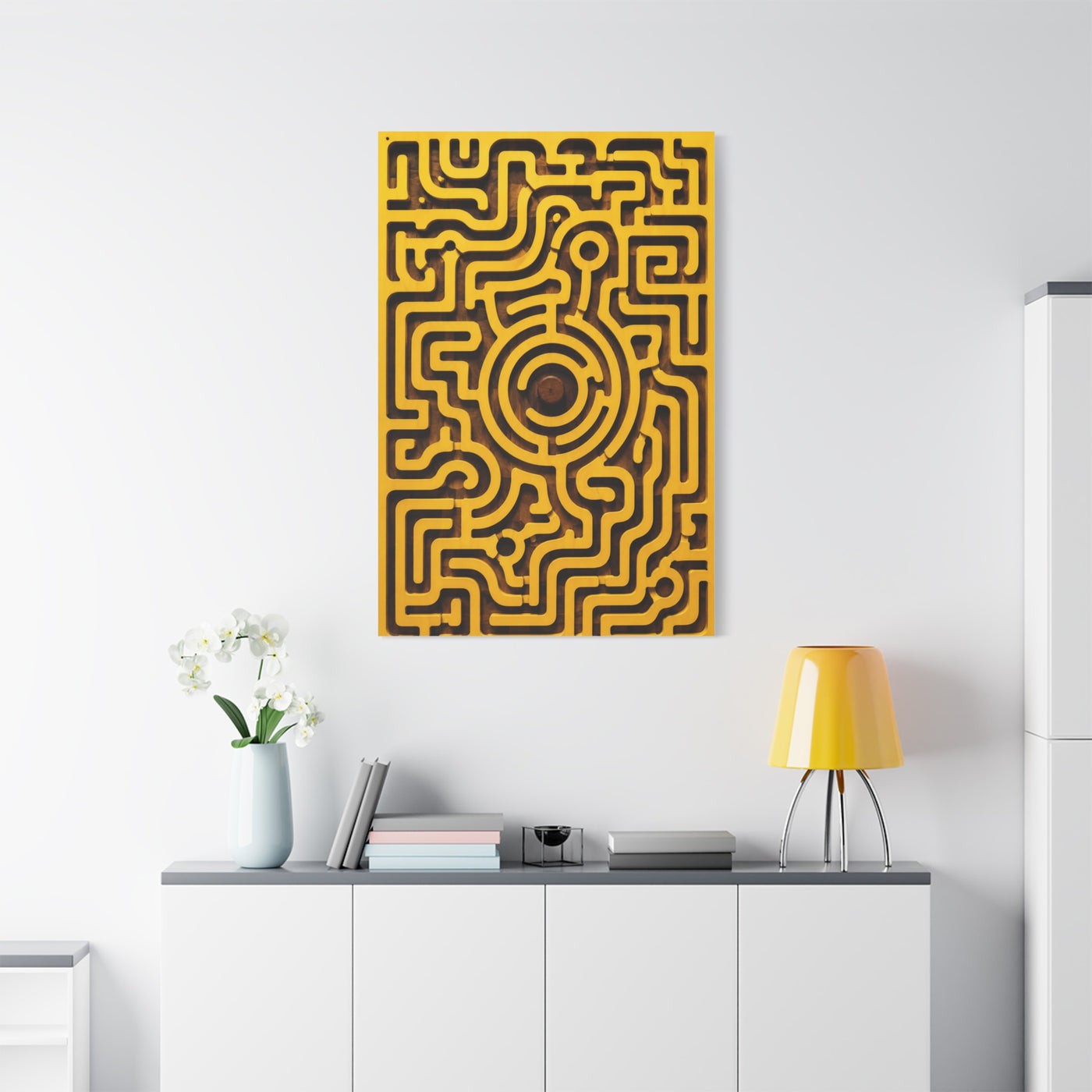 Circular Labyrinth Yellow Relief Design Wall Art & Canvas Print