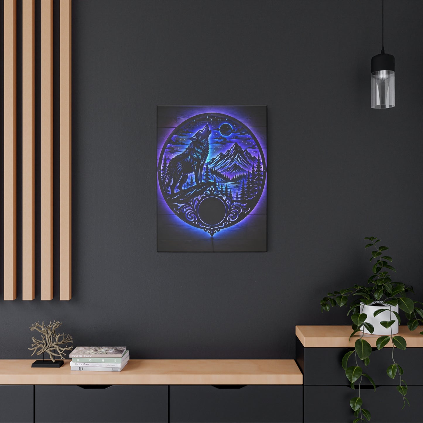 LED Mountain Wolf Night Circle Scene Wall Art & Canvas Print