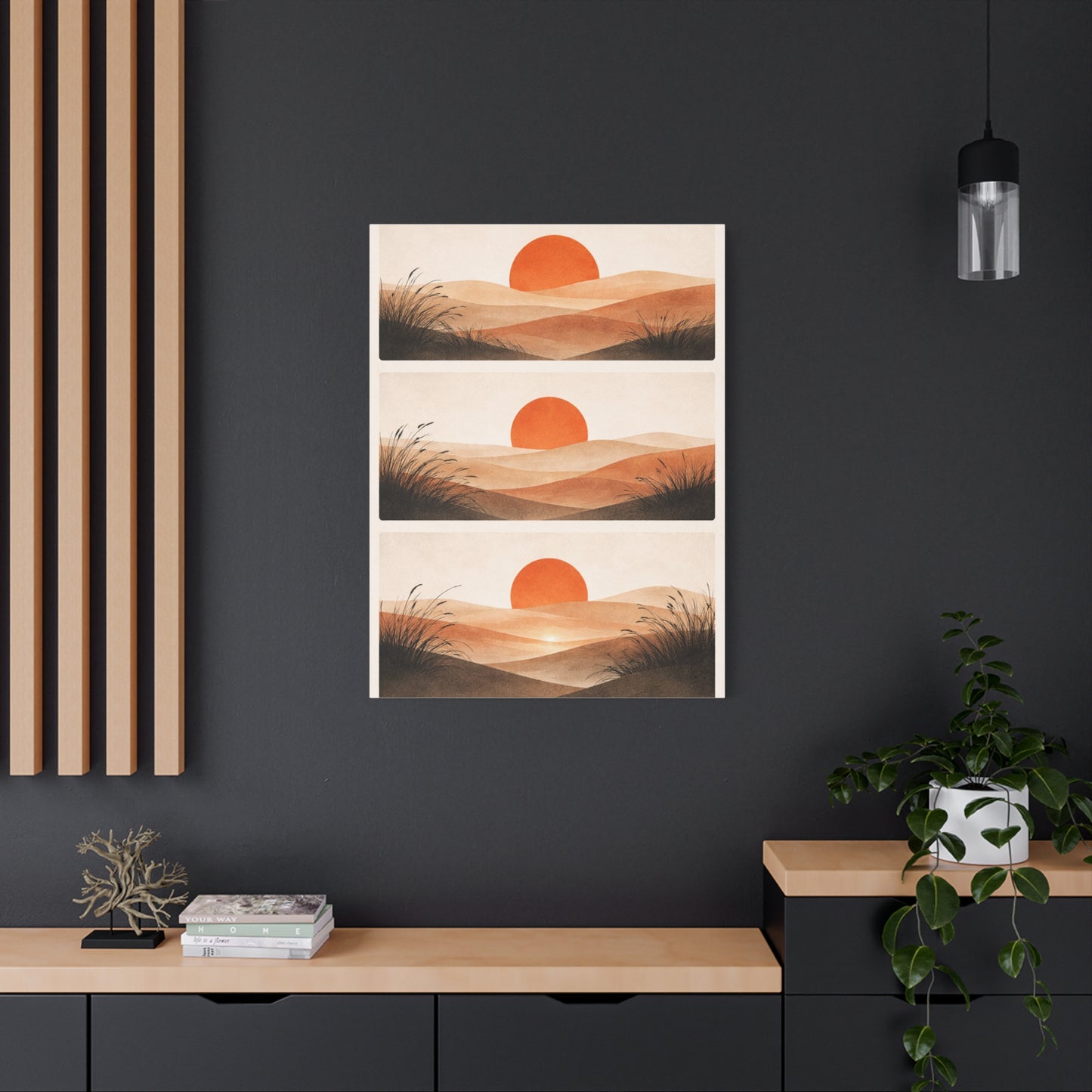 Japandi Orange Sun Triptych Landscape Wall Art & Canvas Print