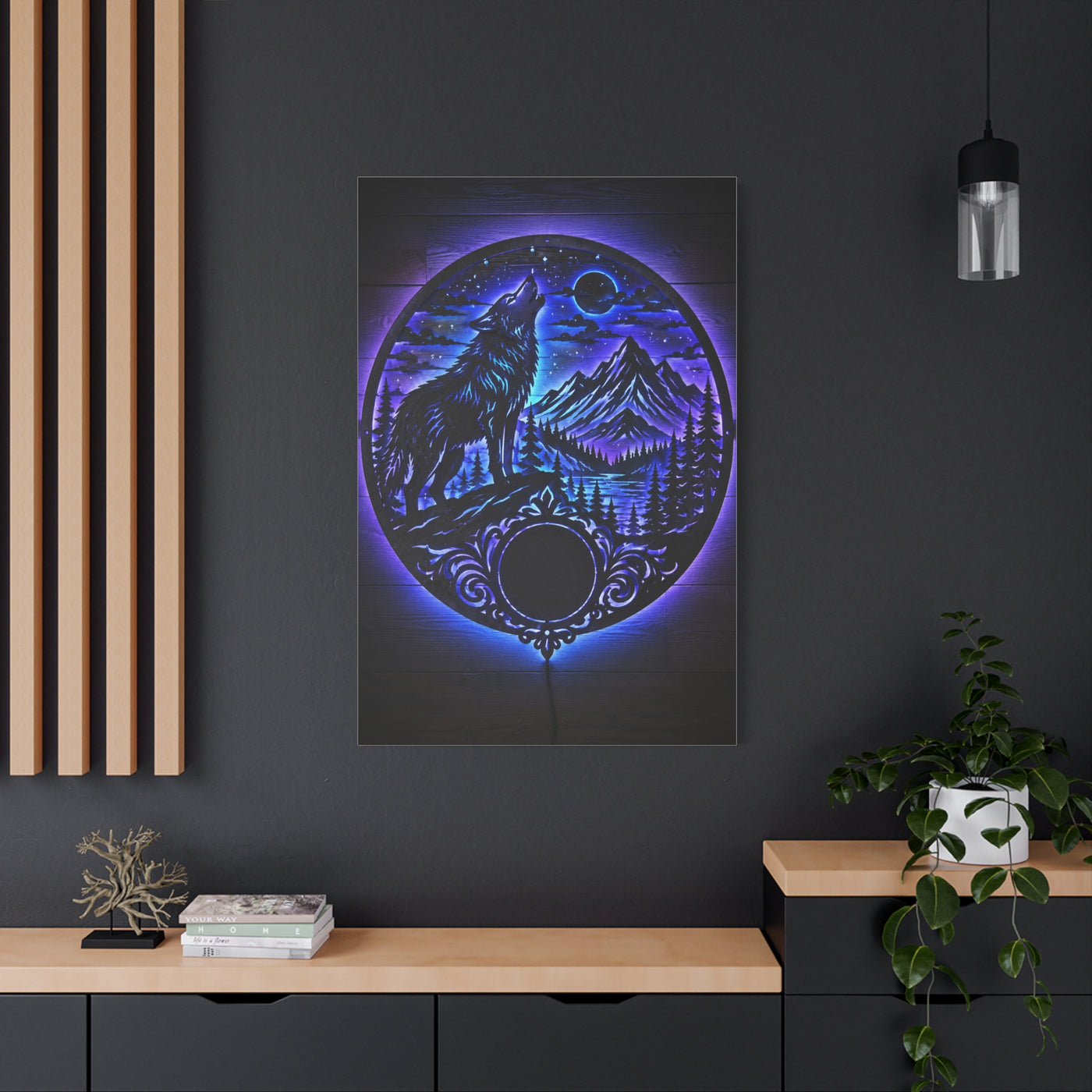 LED Mountain Wolf Night Circle Scene Wall Art & Canvas Print
