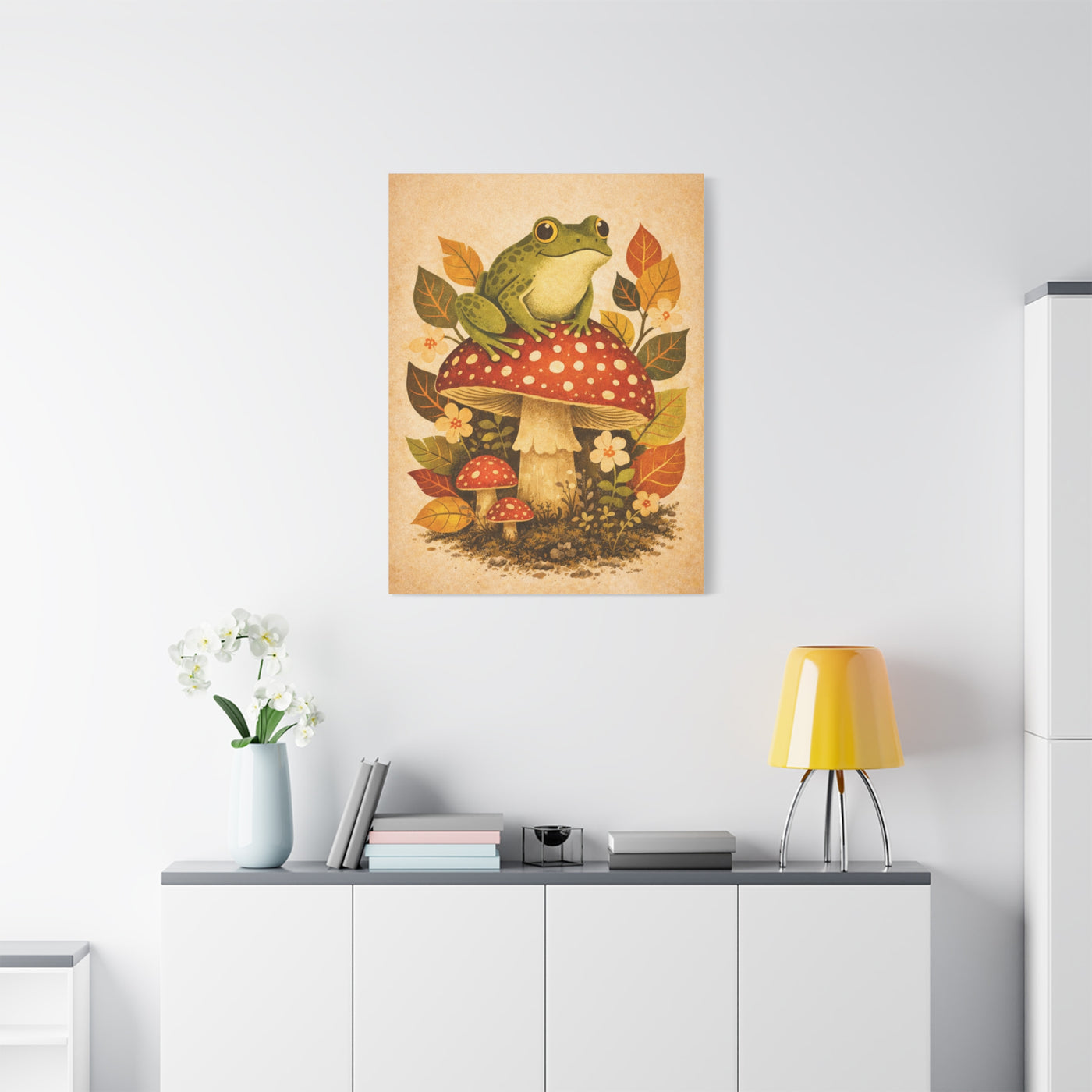 Whimsical Retro Frog and Mushroom Composition Wall Art & Canvas Print