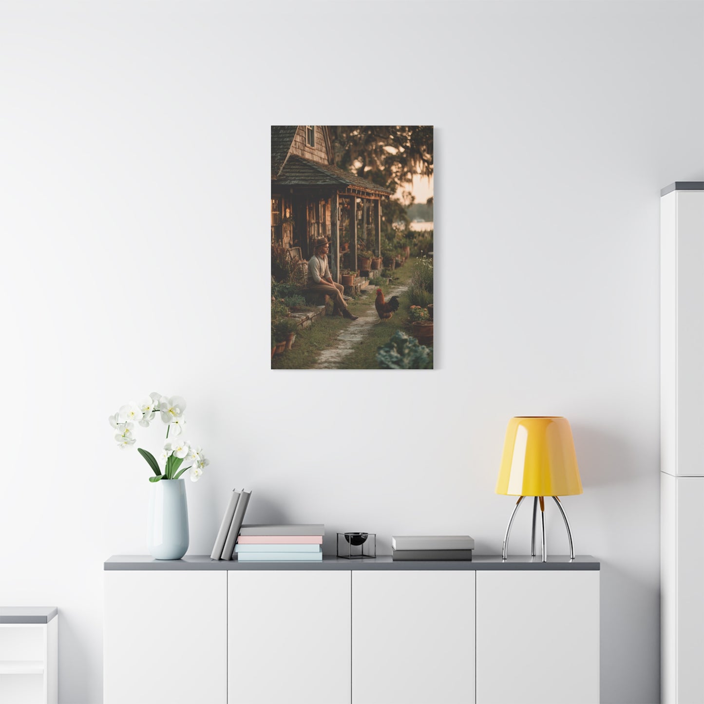 Farmhouse Porch Rooster Scene Wall Art & Canvas Print