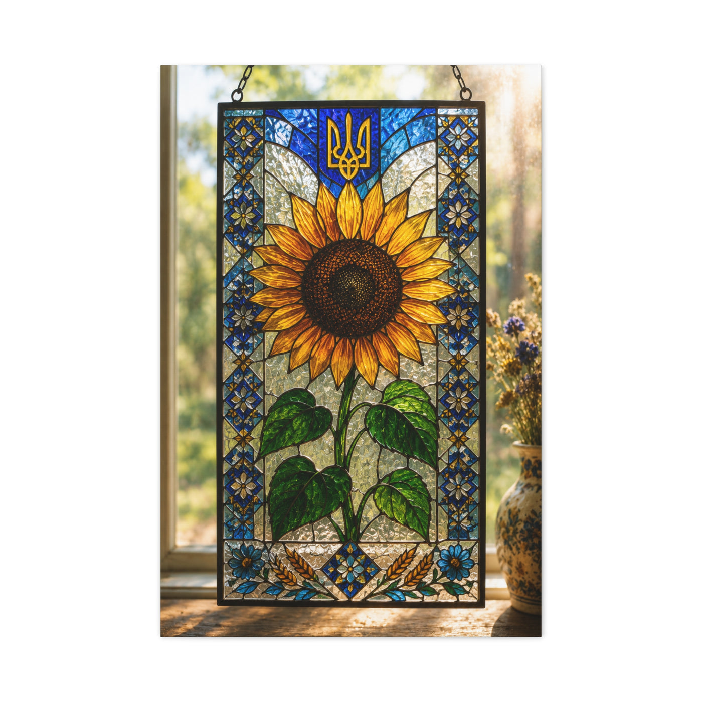Ornate Stained Glass Sunflower Panel Wall Art & Canvas Print