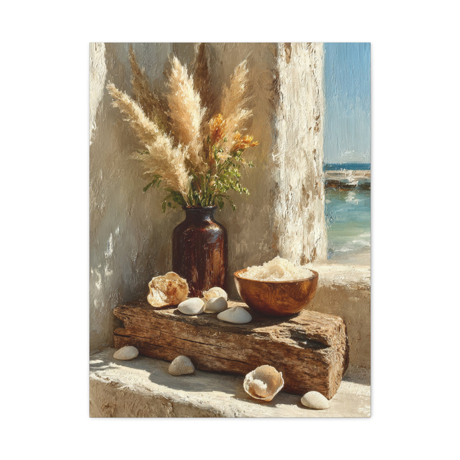 Driftwood Coastal Still Life with Pampas Wall Art & Canvas Print