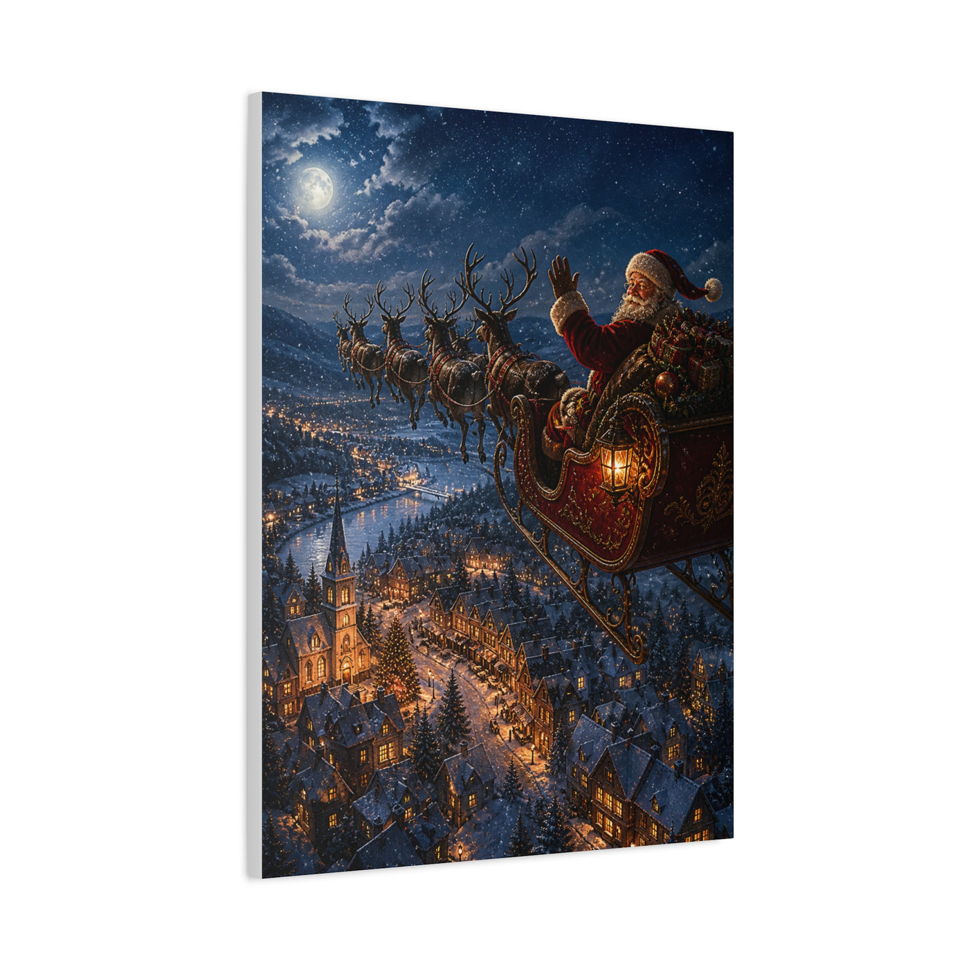 Santa Sleigh Flight Over Snowy Village Wall Art & Canvas Print