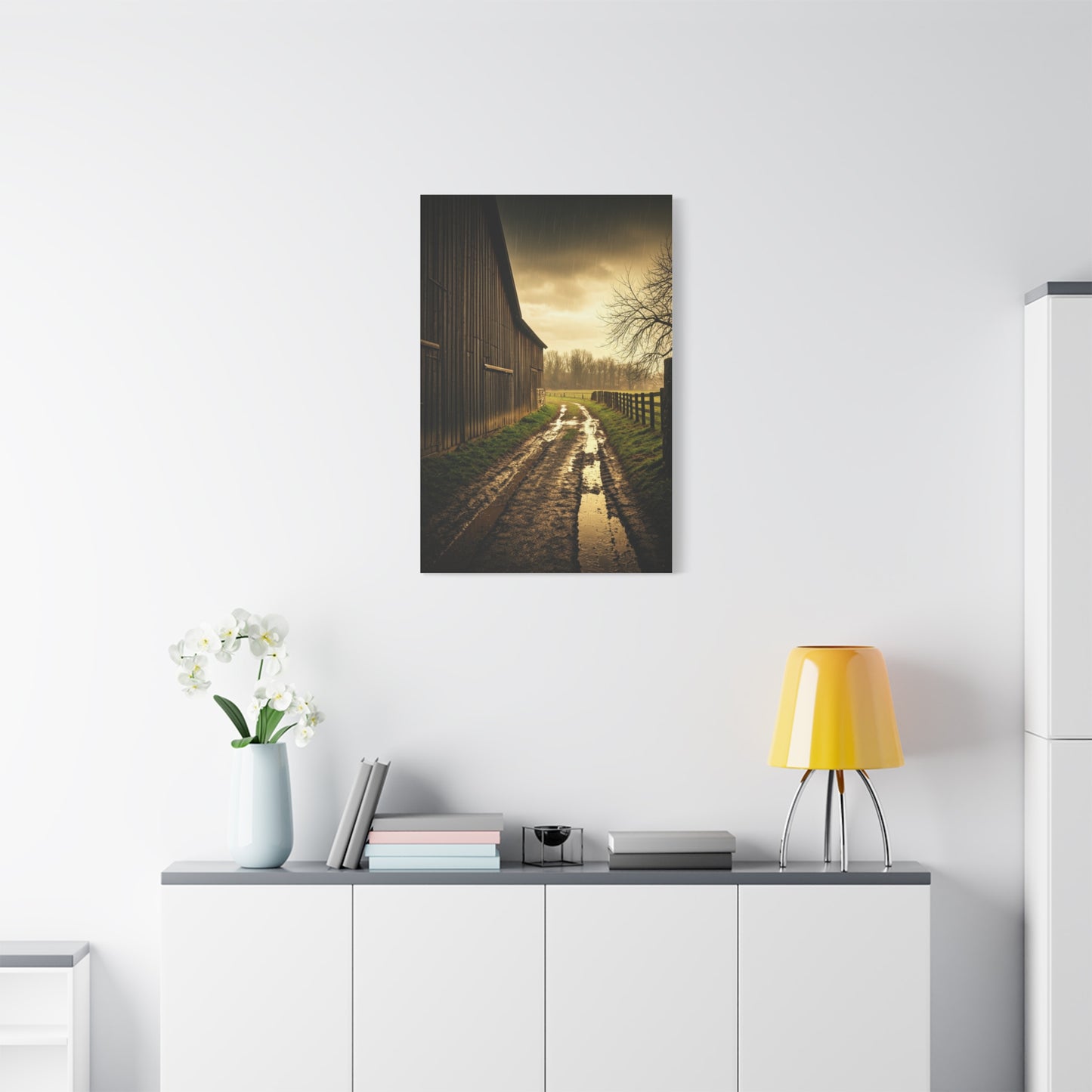 Rain-Soaked Farm Road Beside the Barn Wall Art & Canvas Prints
