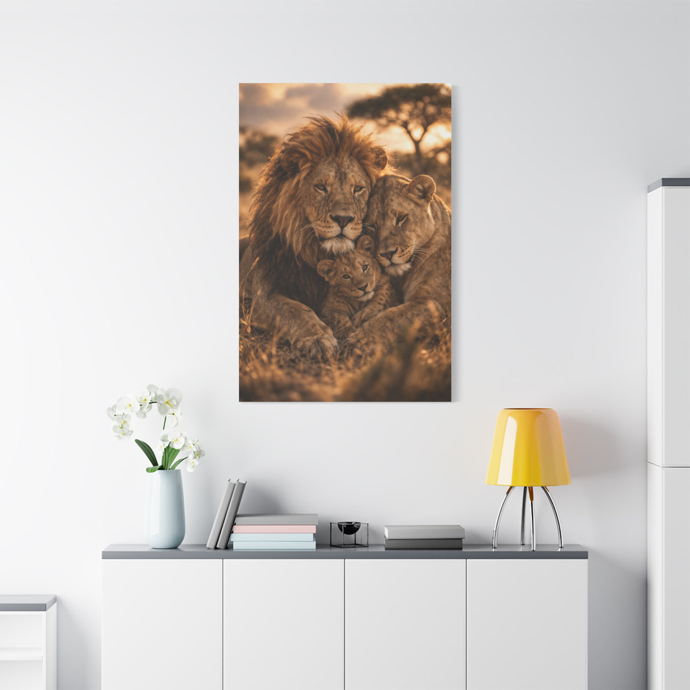 Lion Family Embrace Golden Bond Wall Art & Canvas Print