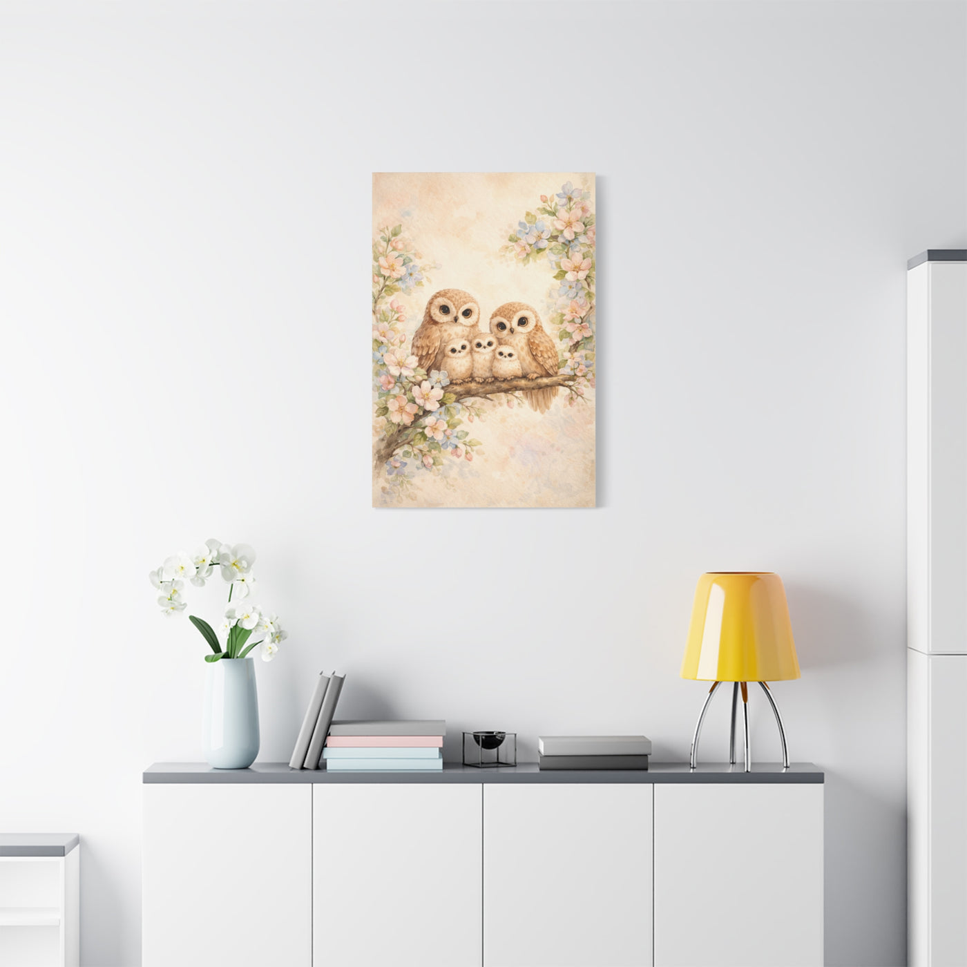 Whimsical Owl Family Blossom Scene Wall Art & Canvas Print