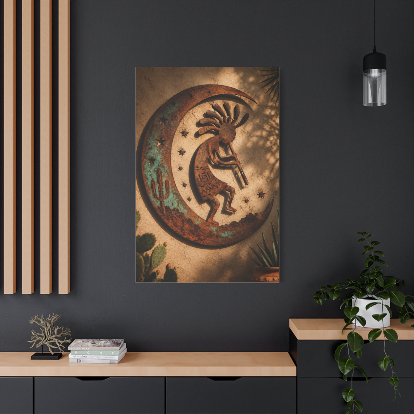 Kokopelli Crescent Moon Southwest Wall Art & Canvas Print