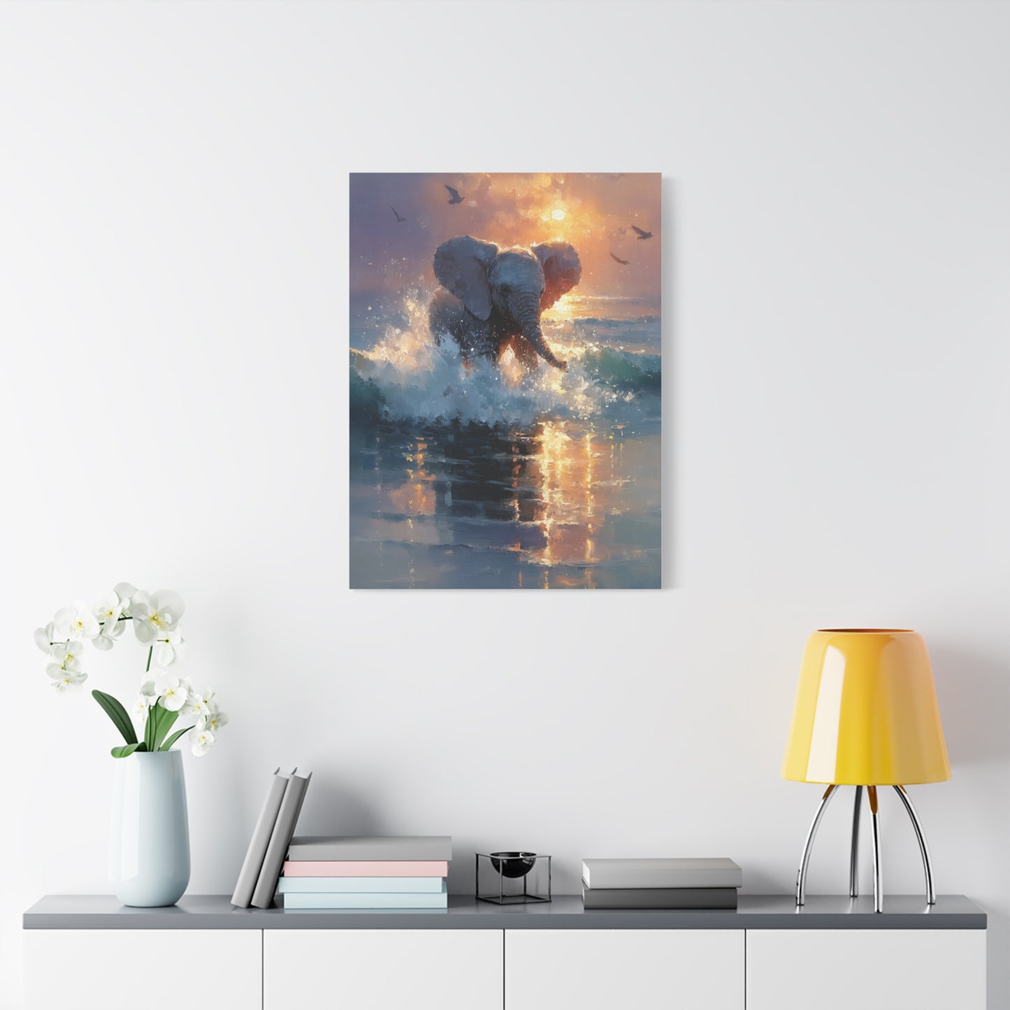 Baby Elephant Ocean Splash Wall Art & Canvas Print