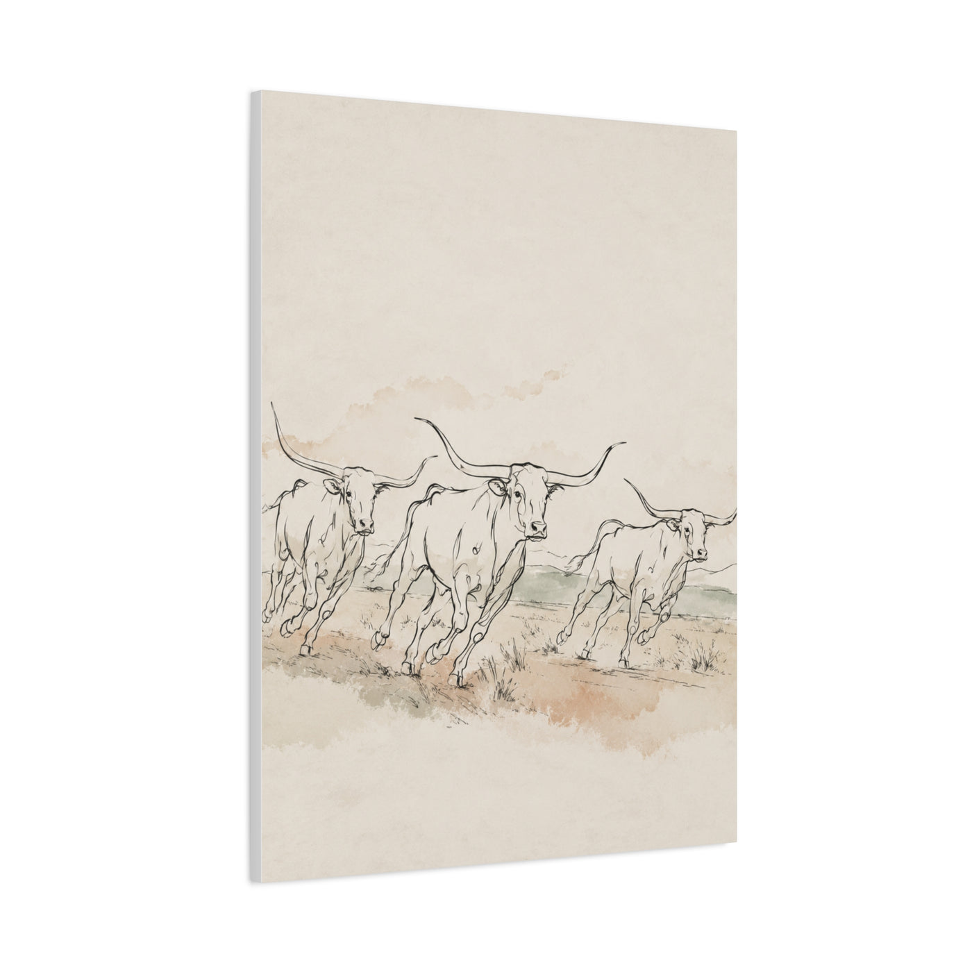 Running Longhorn Line Sketch Panorama Wall Art & Canvas Print