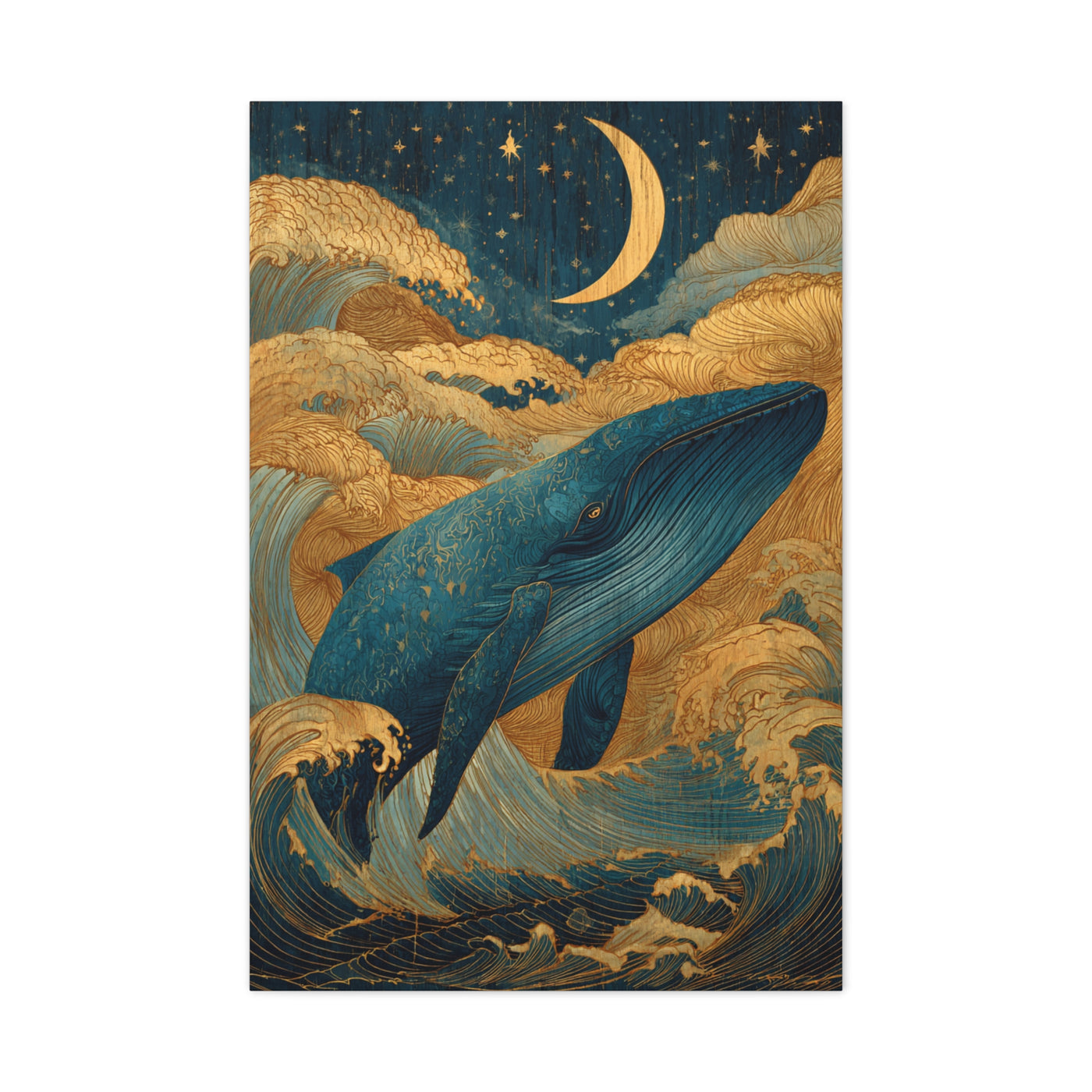 Folk Whale Moonlit Ocean Wall Art & Canvas Print