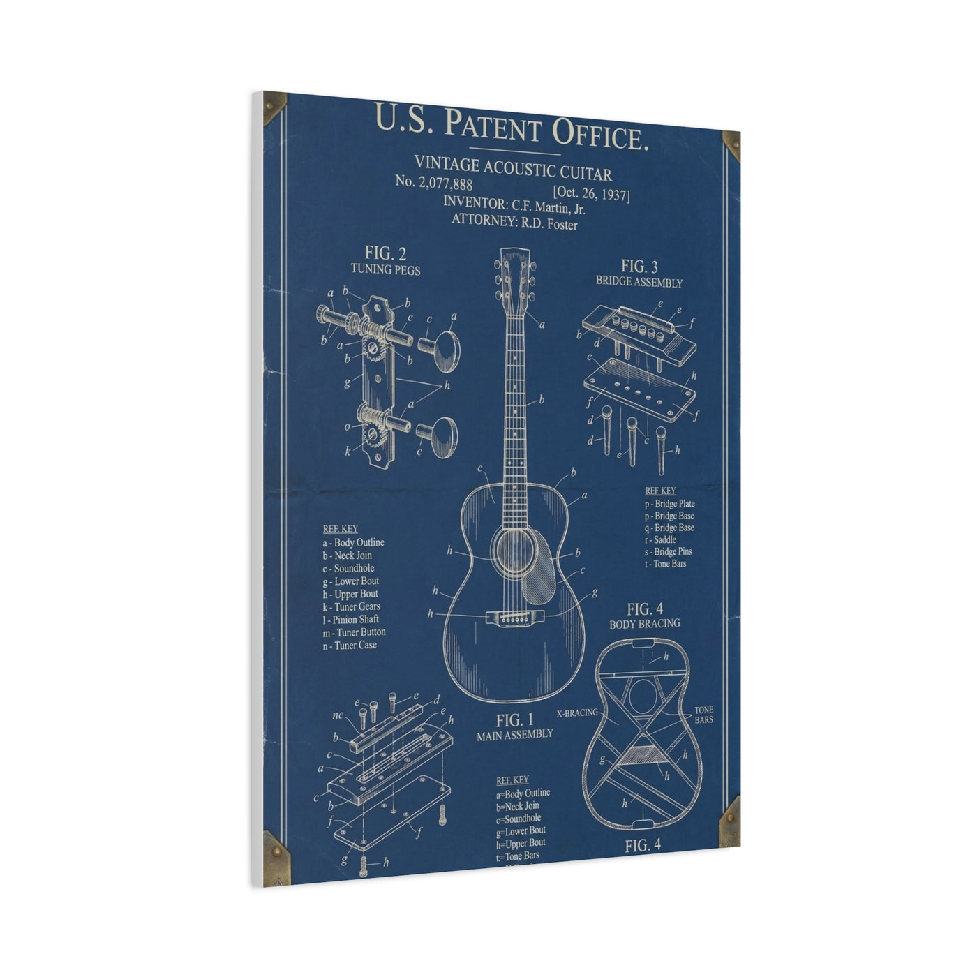 Vintage Acoustic Guitar Patent Blueprint Wall Art & Canvas Print