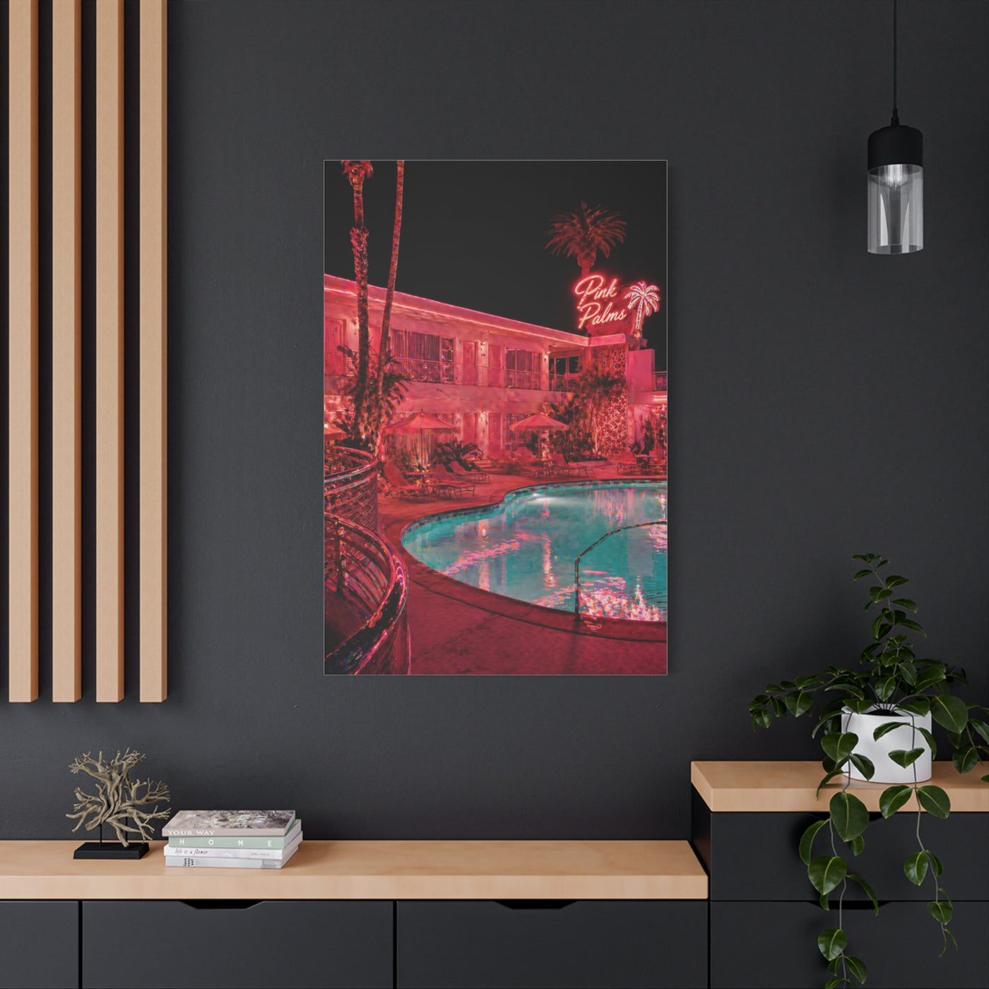 Pink Neon Pool Night Scene Wall Art & Canvas Print