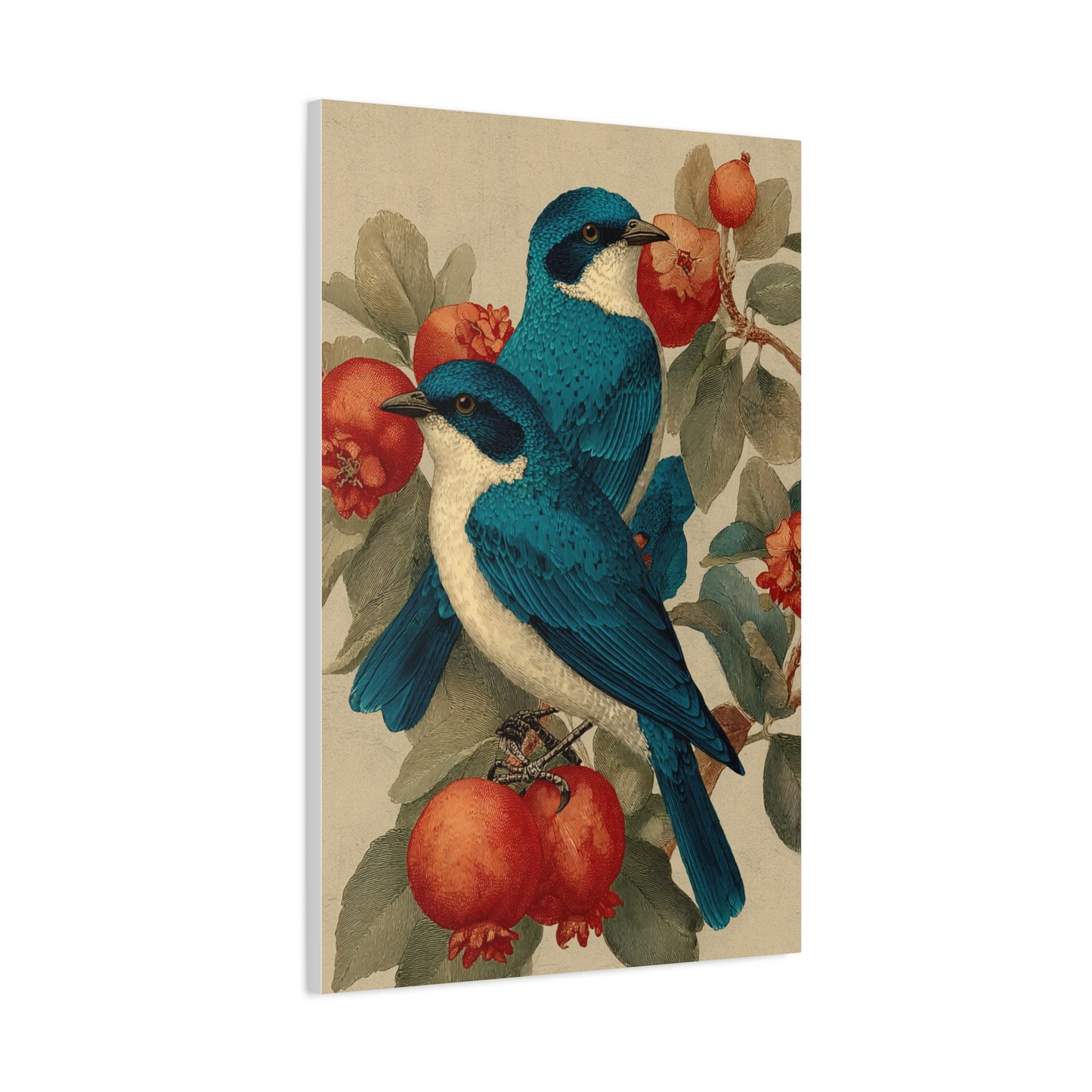Blue Folk Birds Pomegranate Wall Art & Canvas Print