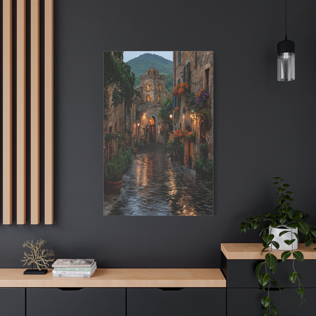 Tuscan Village Rain Street Wall Art & Canvas Print