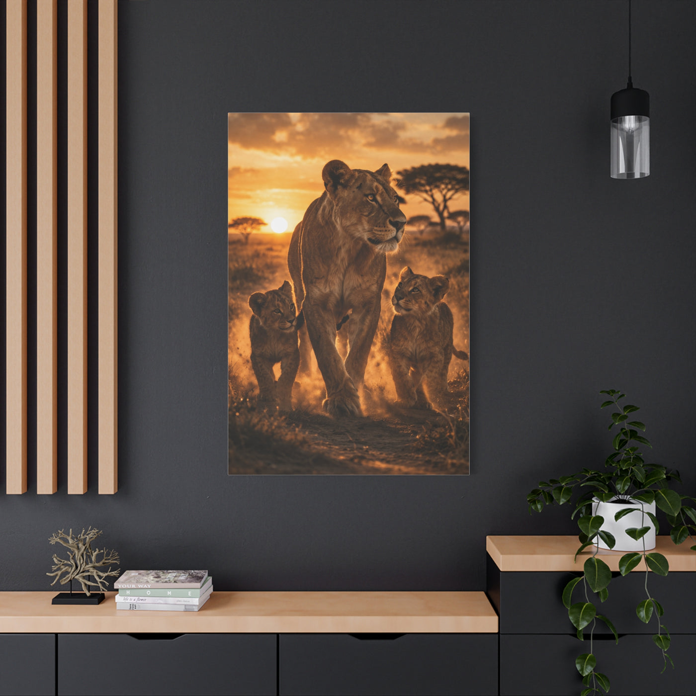 Lioness with Cubs Golden Path Wall Art & Canvas Print