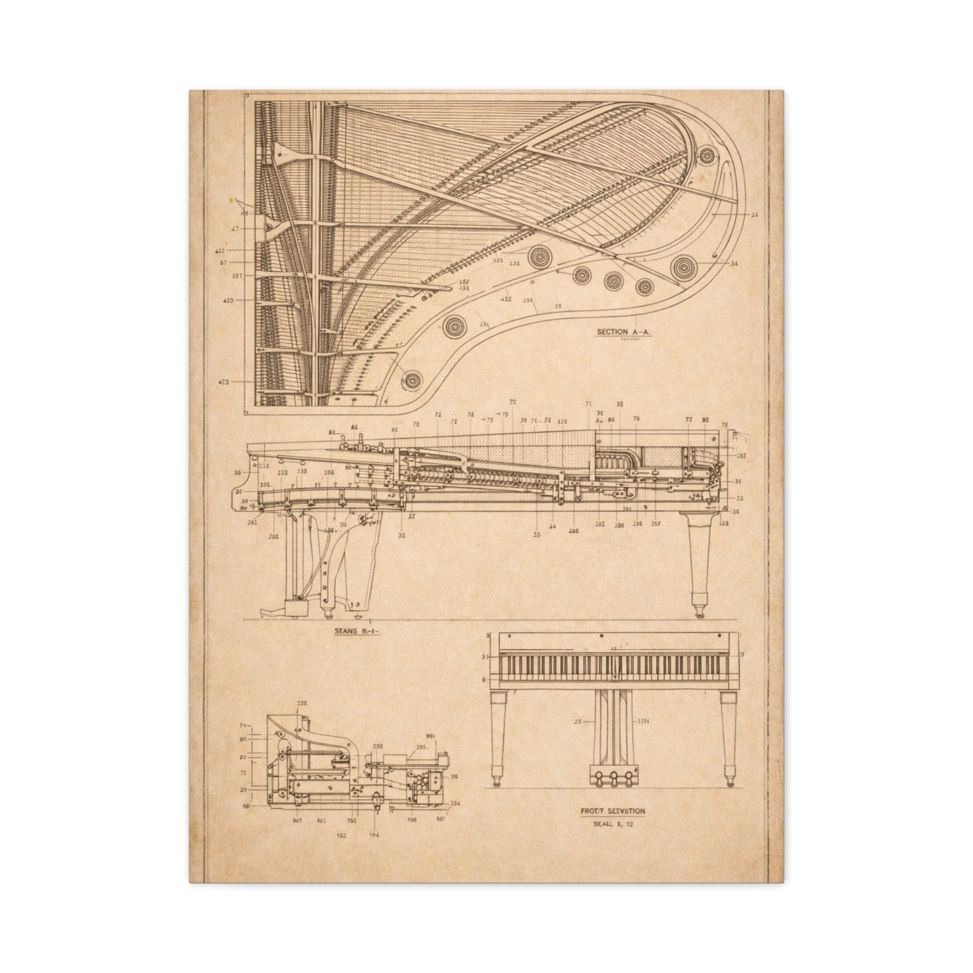 Grand Piano Blueprint Study Wall Art & Canvas Print
