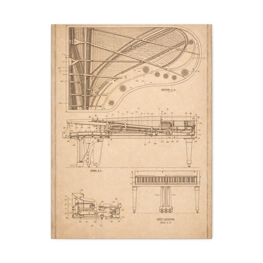 Grand Piano Blueprint Study Wall Art & Canvas Print