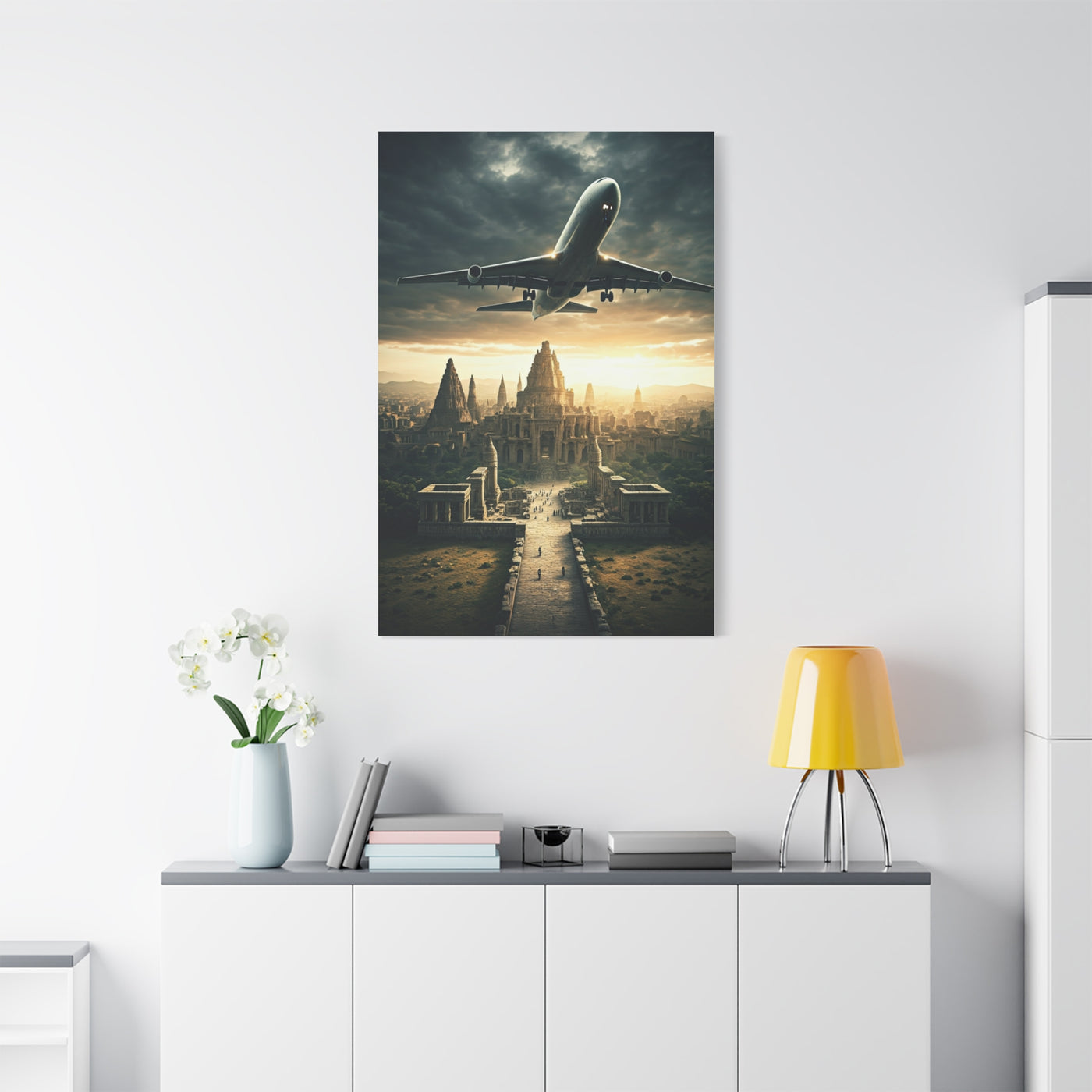 Airliner Over Ancient City Sunrise Wall Art & Canvas Prints