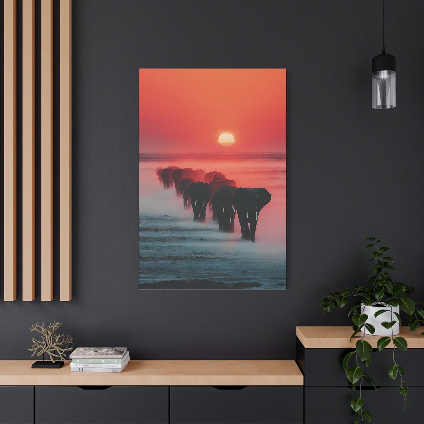 Elephant Herd Sunset Journey Wall Art & Canvas Print