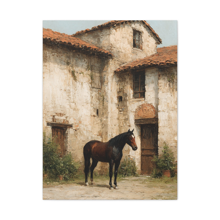 Rustic Courtyard Horse Scene Wall Art & Canvas Print