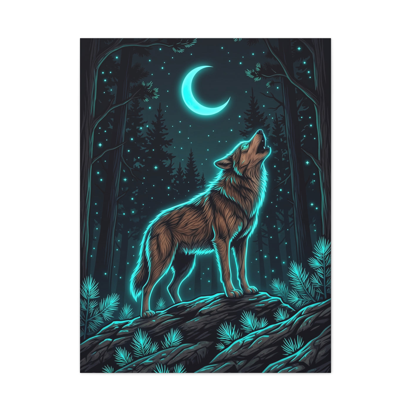 Moonlit Forest Wolf Neon Outline Scene Wall Art & Canvas Print