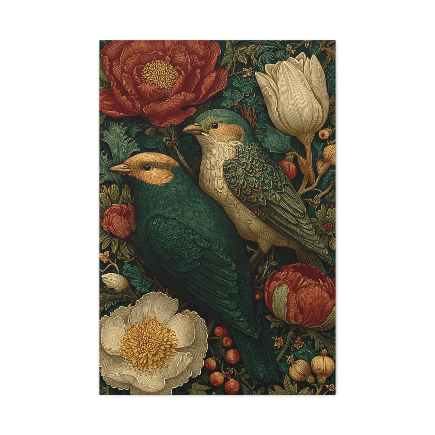 Green Botanical Songbird Pattern Wall Art & Canvas Print