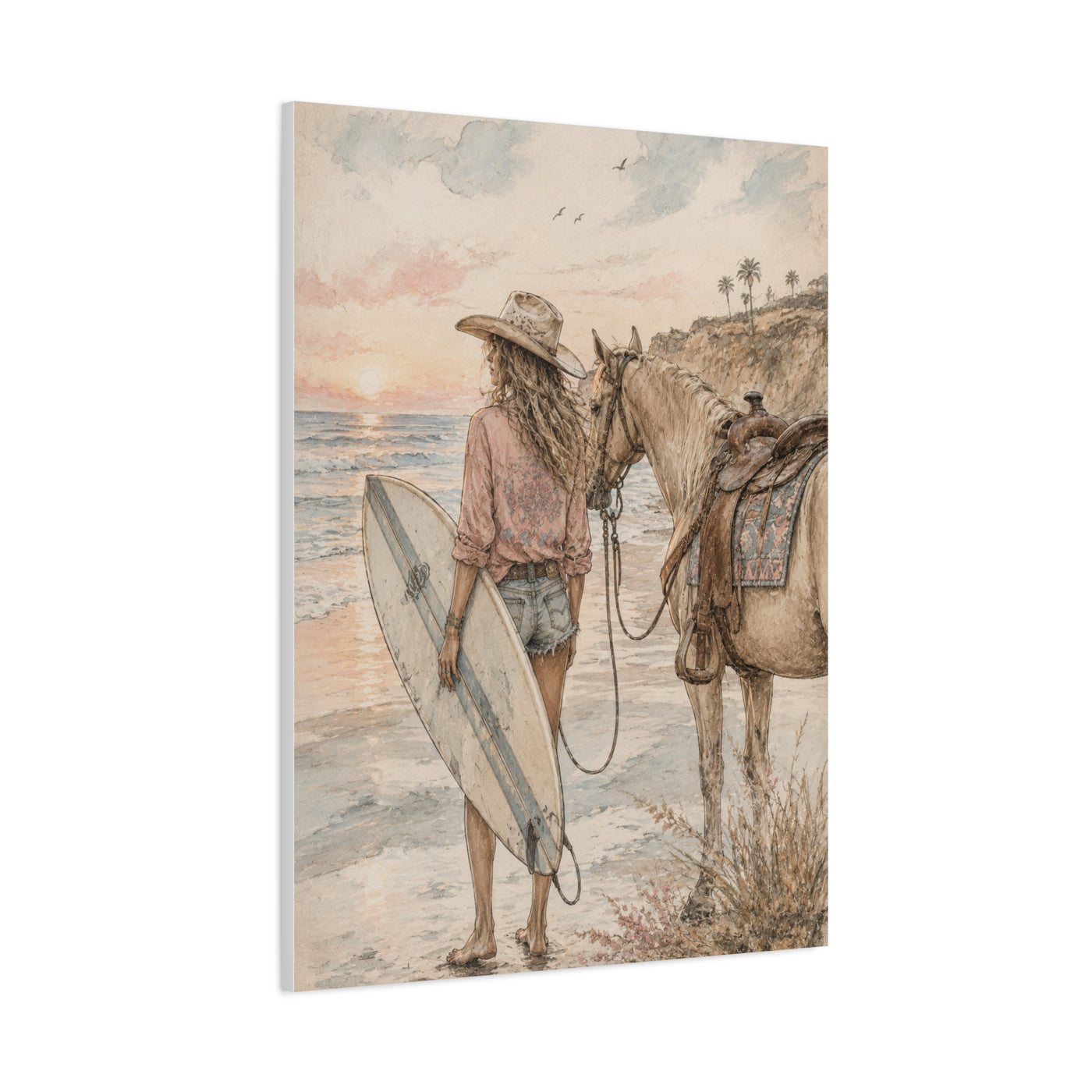 Surf Cowgirl Beach Horizon Scene Wall Art & Canvas Print