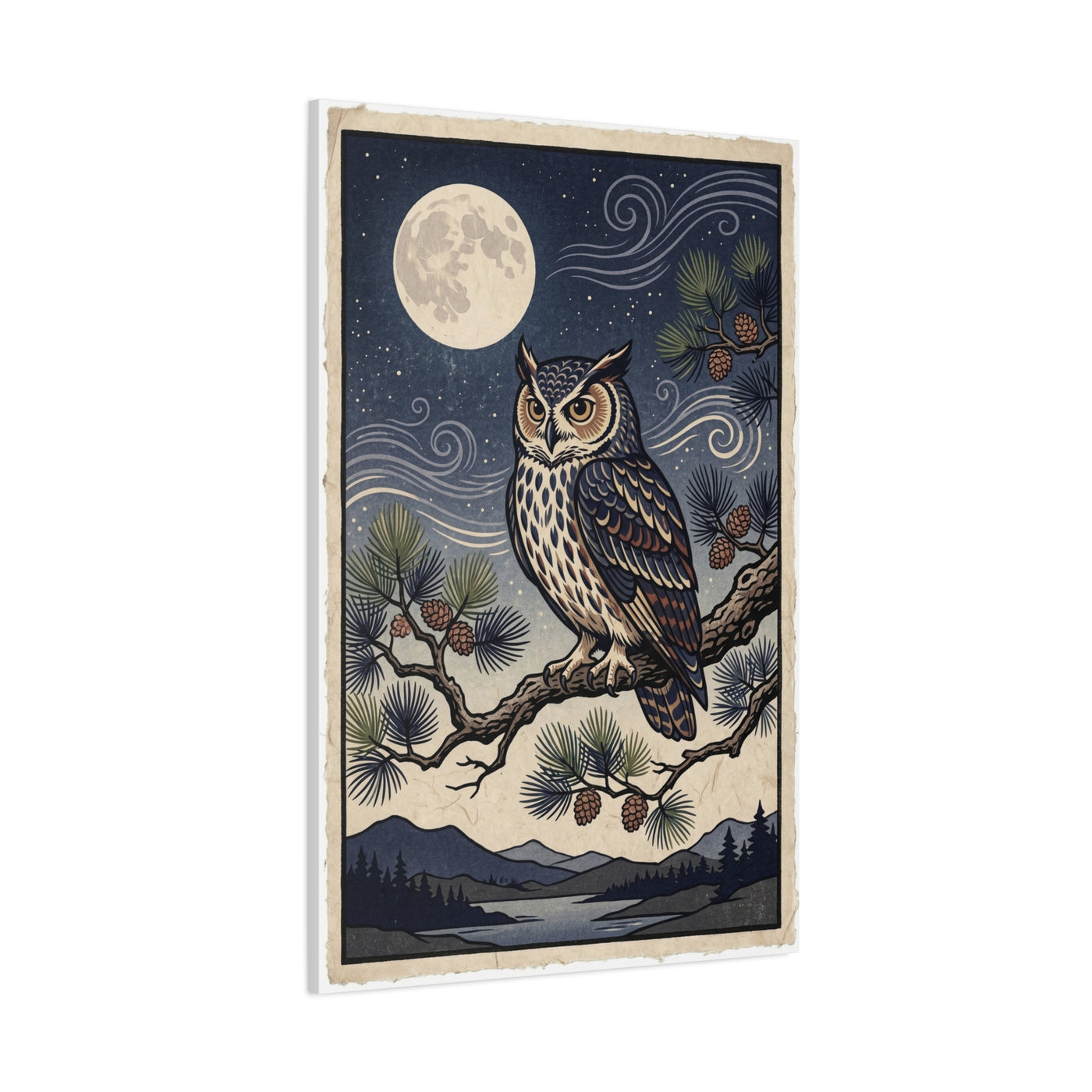 Vintage Moonlit Owl Woodblock Wall Art & Canvas Print