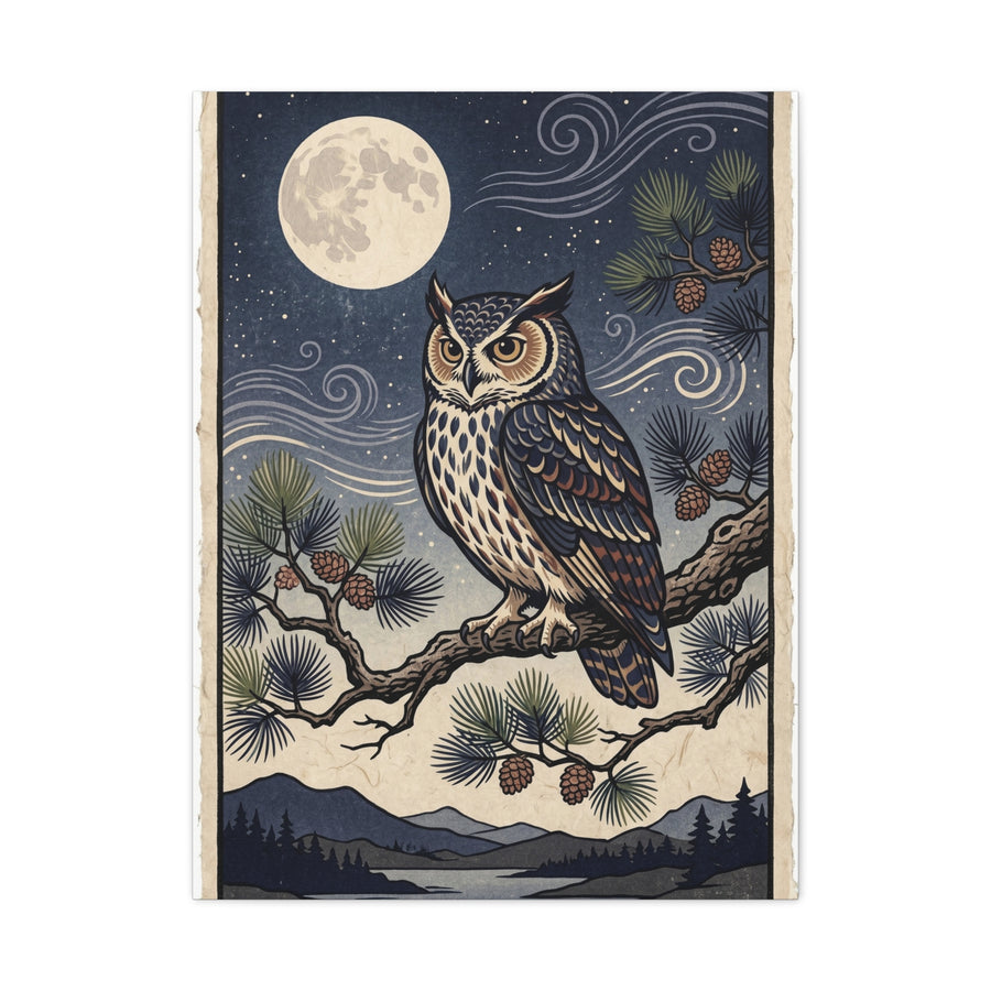 Vintage Moonlit Owl Woodblock Wall Art & Canvas Print