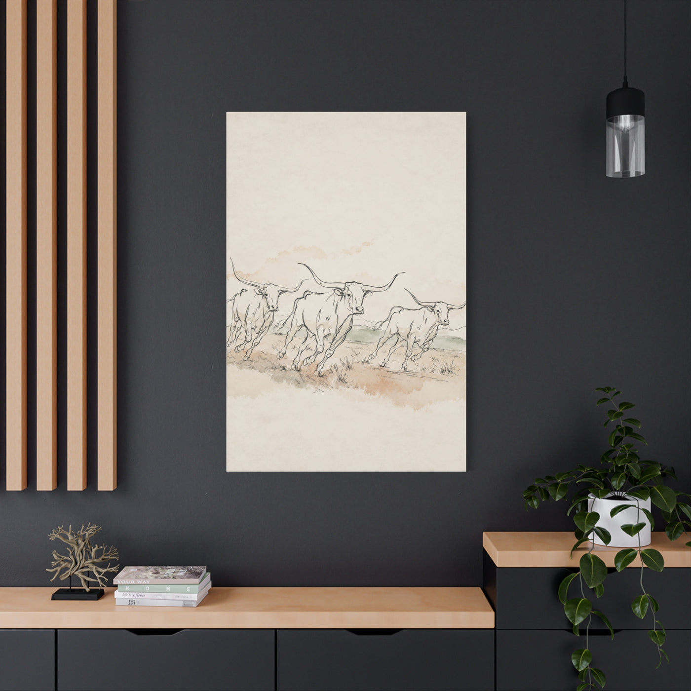 Running Longhorn Line Sketch Panorama Wall Art & Canvas Print