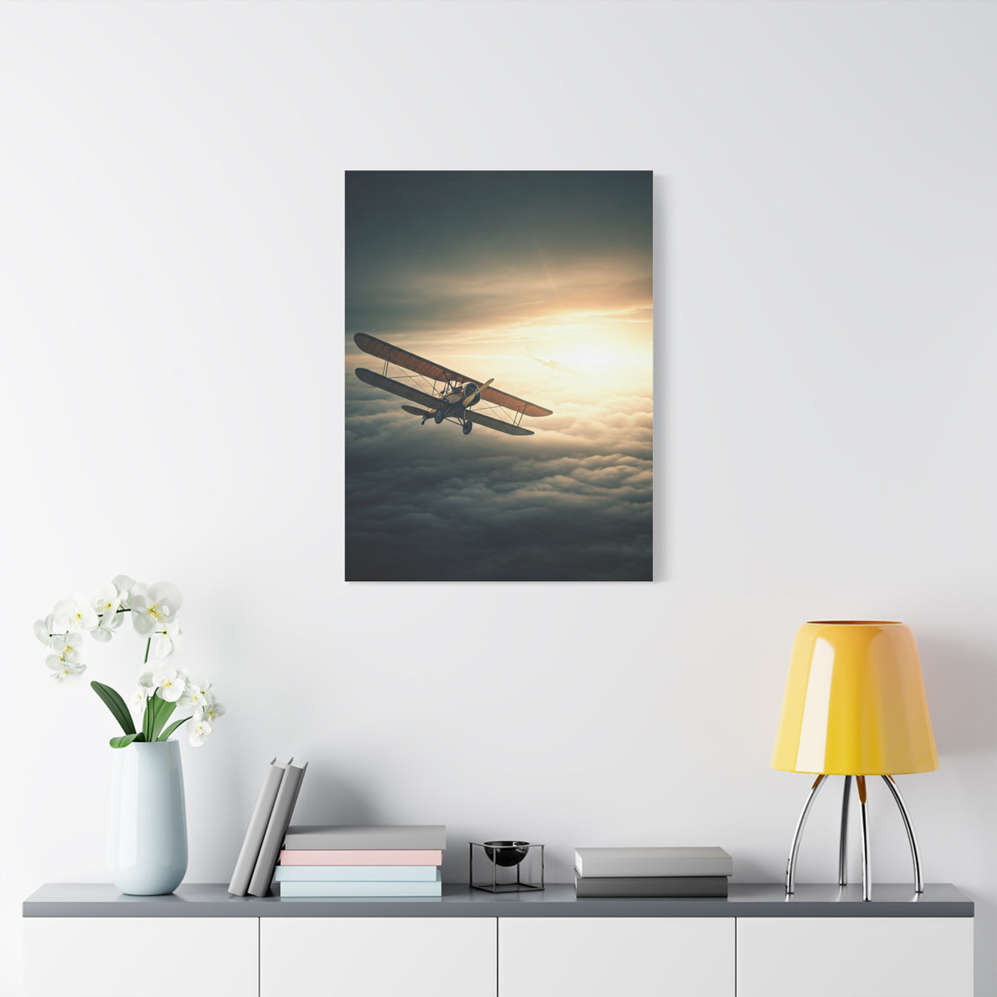 Vintage Biplane Into the Light Wall Art & Canvas Prints